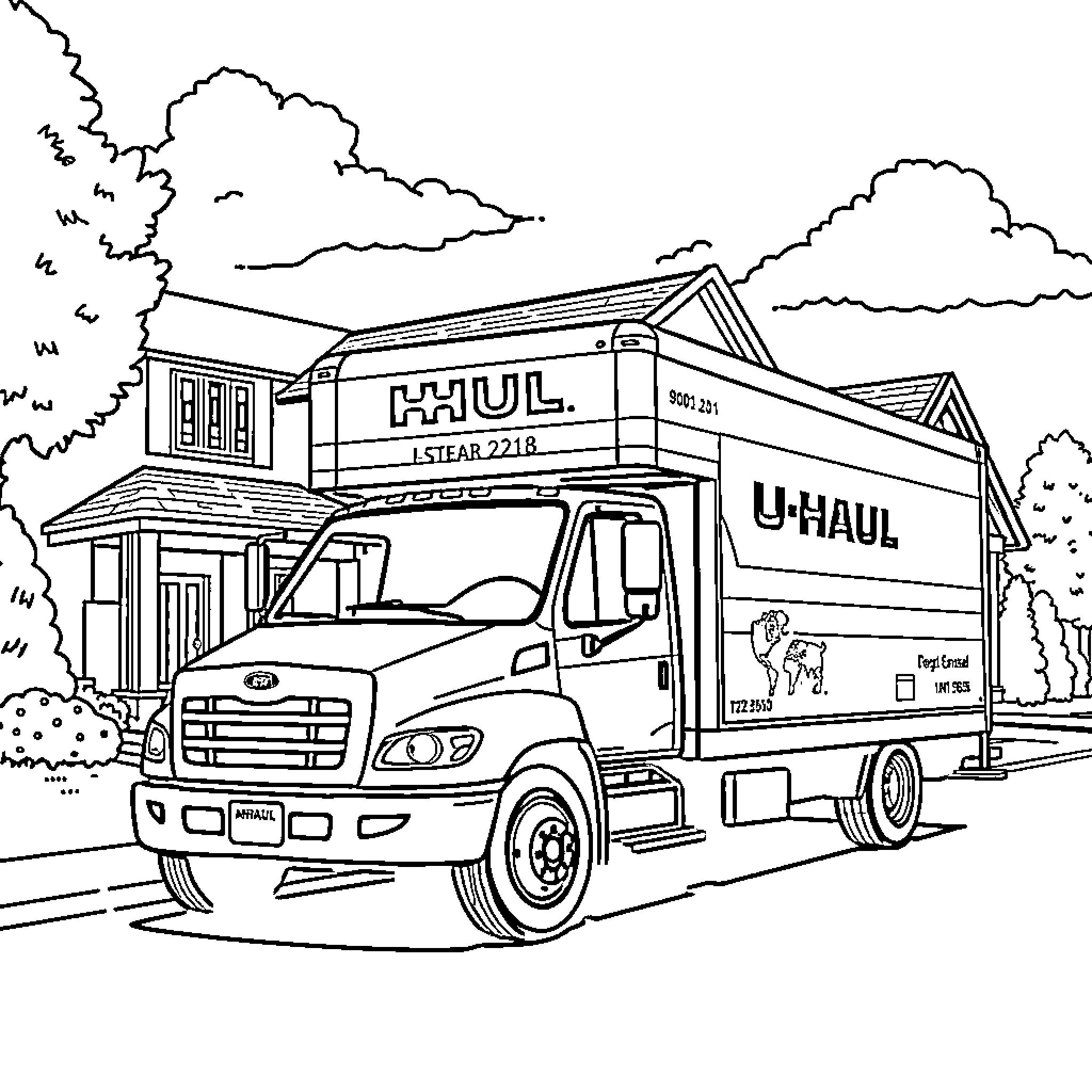 UHAUL truck transporting cargo on the road Coloring Page (free black-and-white line drawing printable PDF for all, from beginners to advanced learners, including children, teens, adults, and seniors)