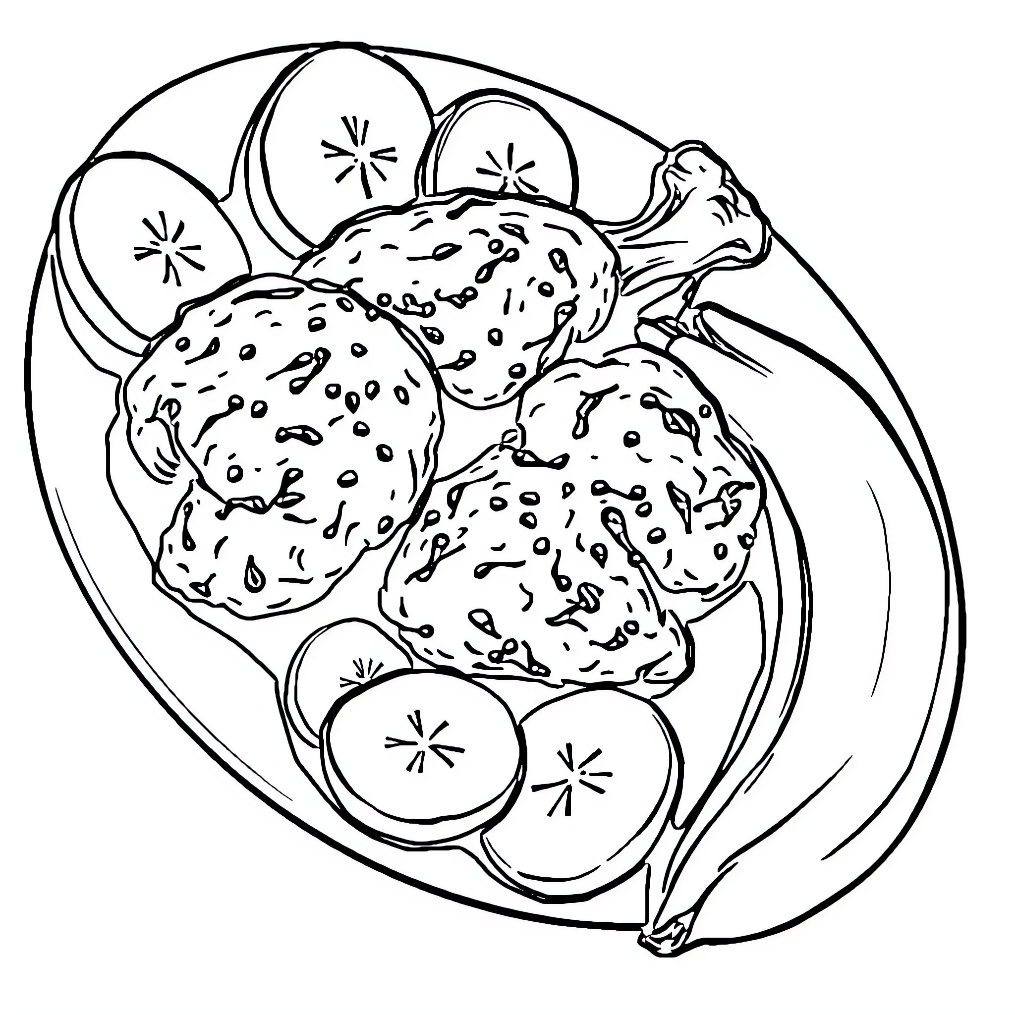 Chicken Drumsticks on a Plate with Sliced Fruit Coloring Page (free black-and-white line drawing printable PDF for all, from beginners to advanced learners, including children, teens, adults, and seniors)