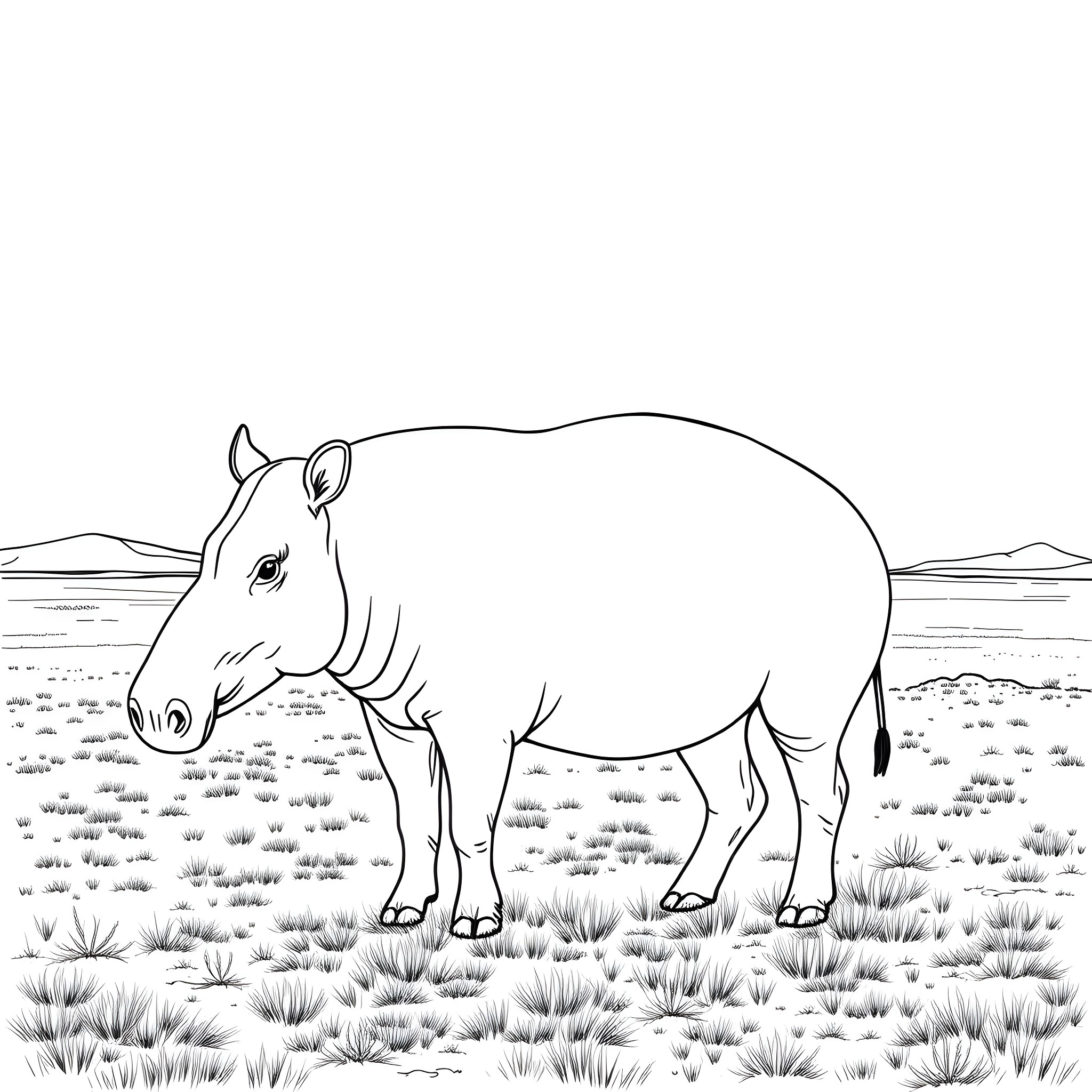 Tapir standing in the grasslands Coloring Page (free black-and-white line drawing printable PDF for all, from beginners to advanced learners, including children, teens, adults, and seniors)