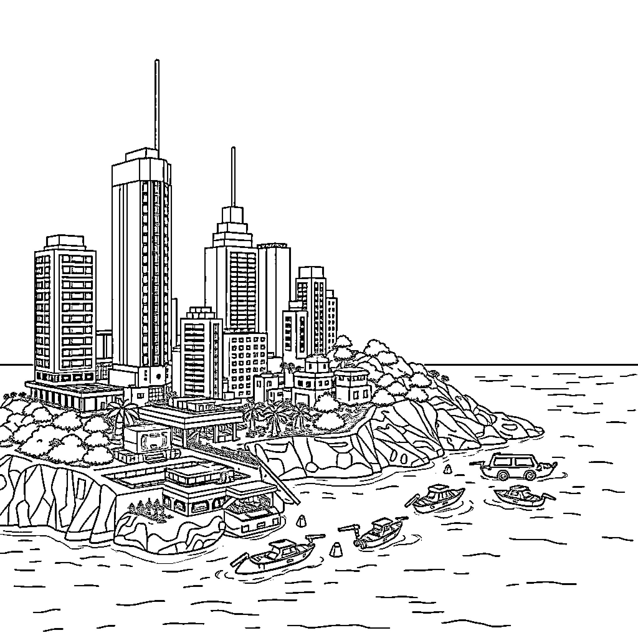 Lego cityscape with boats on the water Coloring Page (free black-and-white line drawing printable PDF for all, from beginners to advanced learners, including children, teens, adults, and seniors)