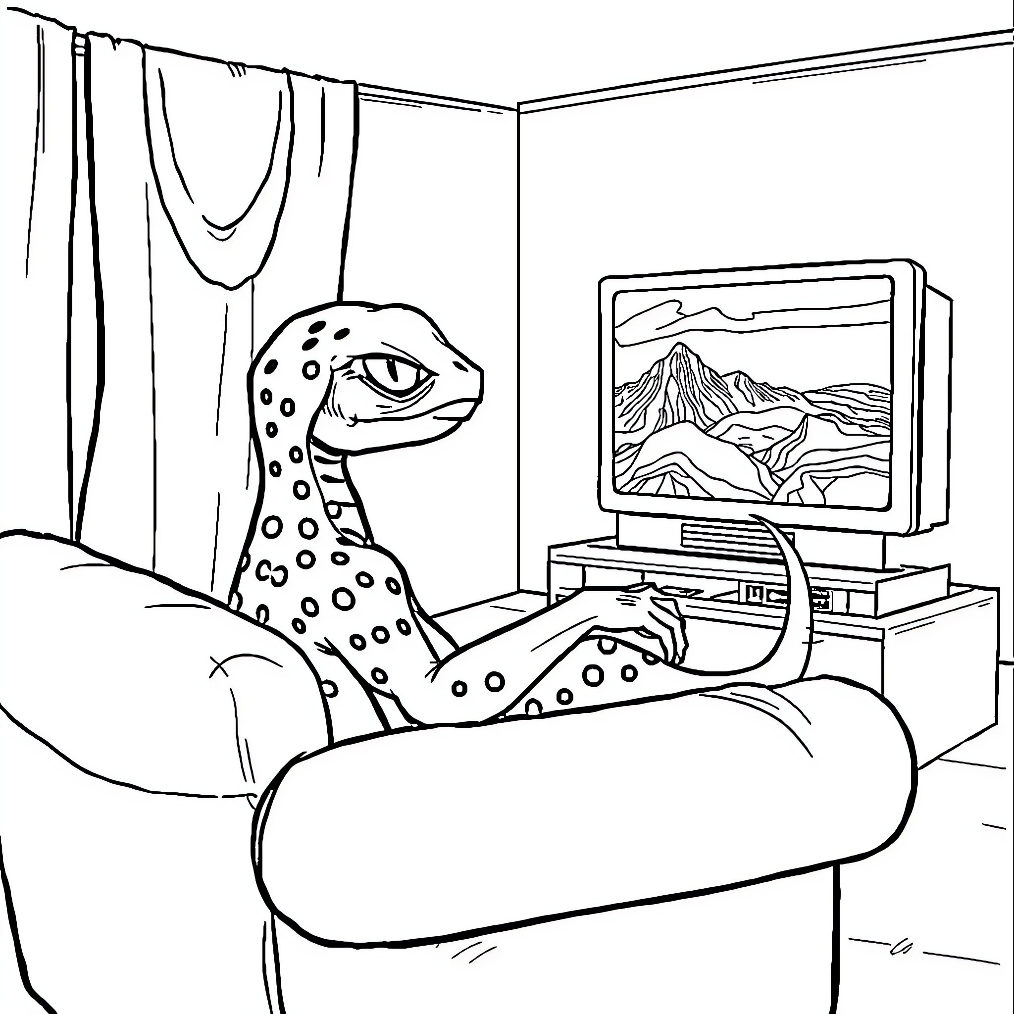 Siren watching TV in living room Coloring Page (free black-and-white line drawing printable PDF for all, from beginners to advanced learners, including children, teens, adults, and seniors)