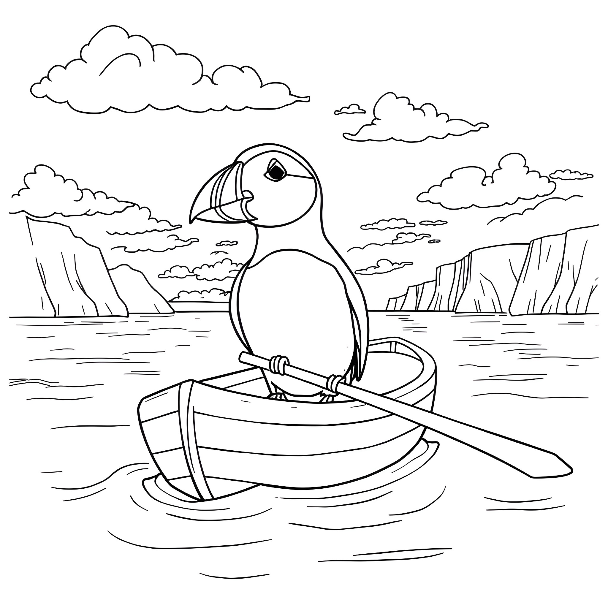 Puffin boating in the coastal waters Coloring Page (free black-and-white line drawing printable PDF for all, from beginners to advanced learners, including children, teens, adults, and seniors)