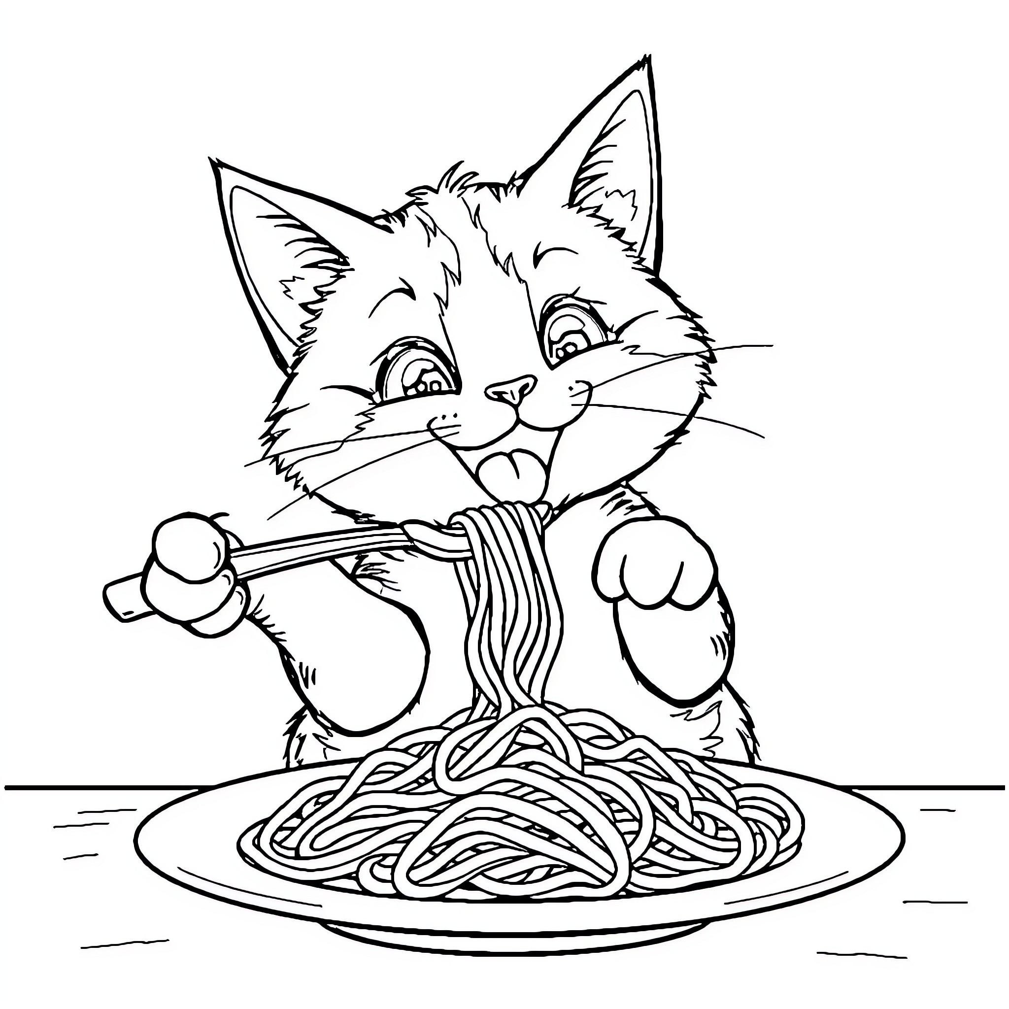 Cat eating spaghetti enthusiastically Coloring Page (free black-and-white line drawing printable PDF for all, from beginners to advanced learners, including children, teens, adults, and seniors)