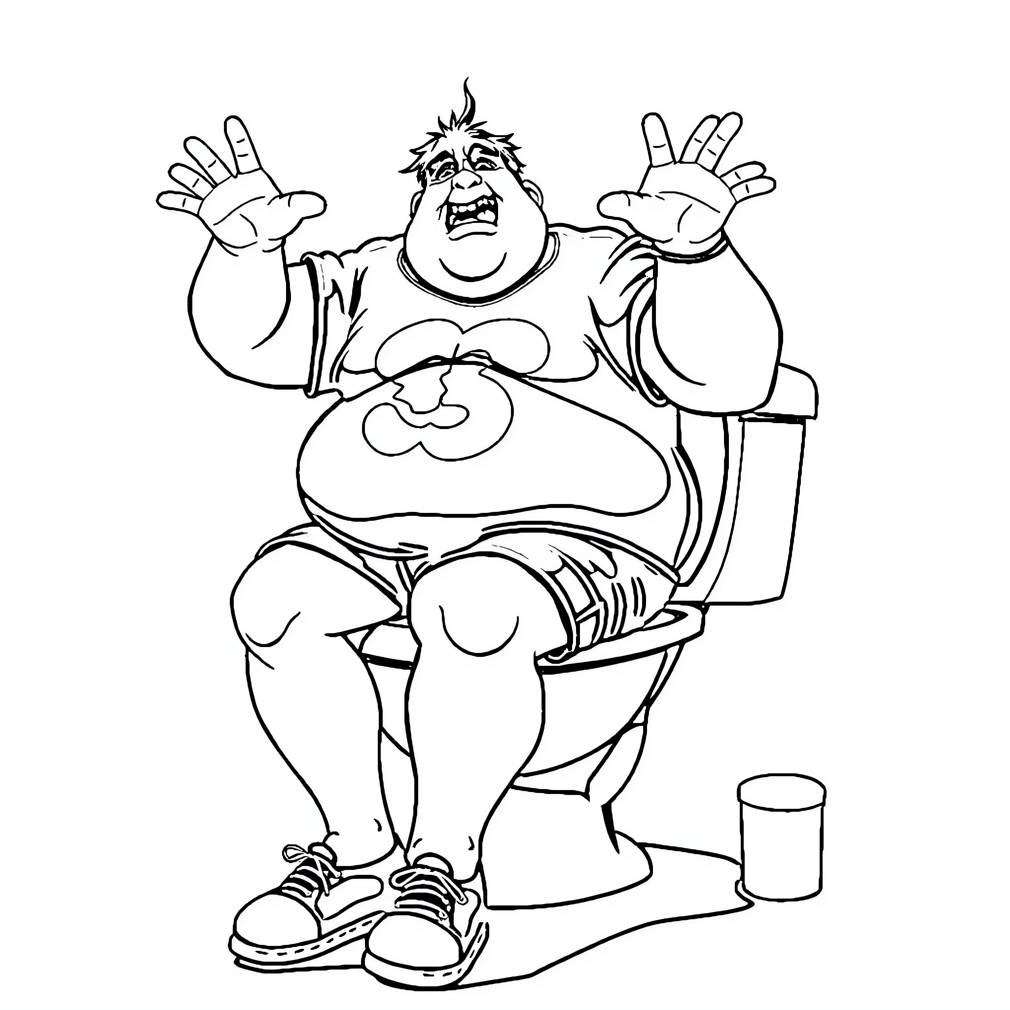 Man shouting angrily while sitting on toilet Coloring Page (free black-and-white line drawing printable PDF for all, from beginners to advanced learners, including children, teens, adults, and seniors)