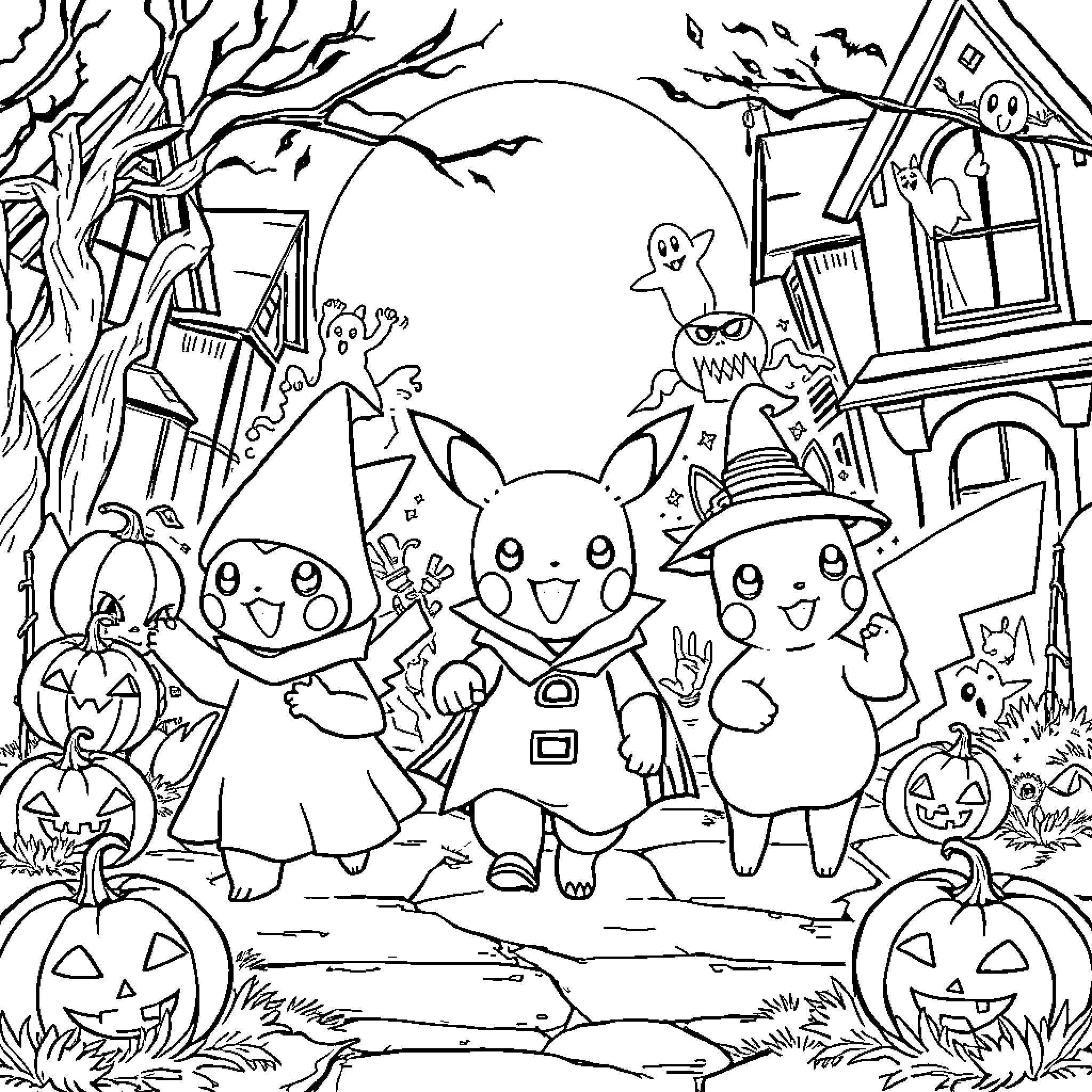 Pokémon characters celebrating Halloween in a spooky forest Coloring Page (free black-and-white line drawing printable PDF for all, from beginners to advanced learners, including children, teens, adults, and seniors)