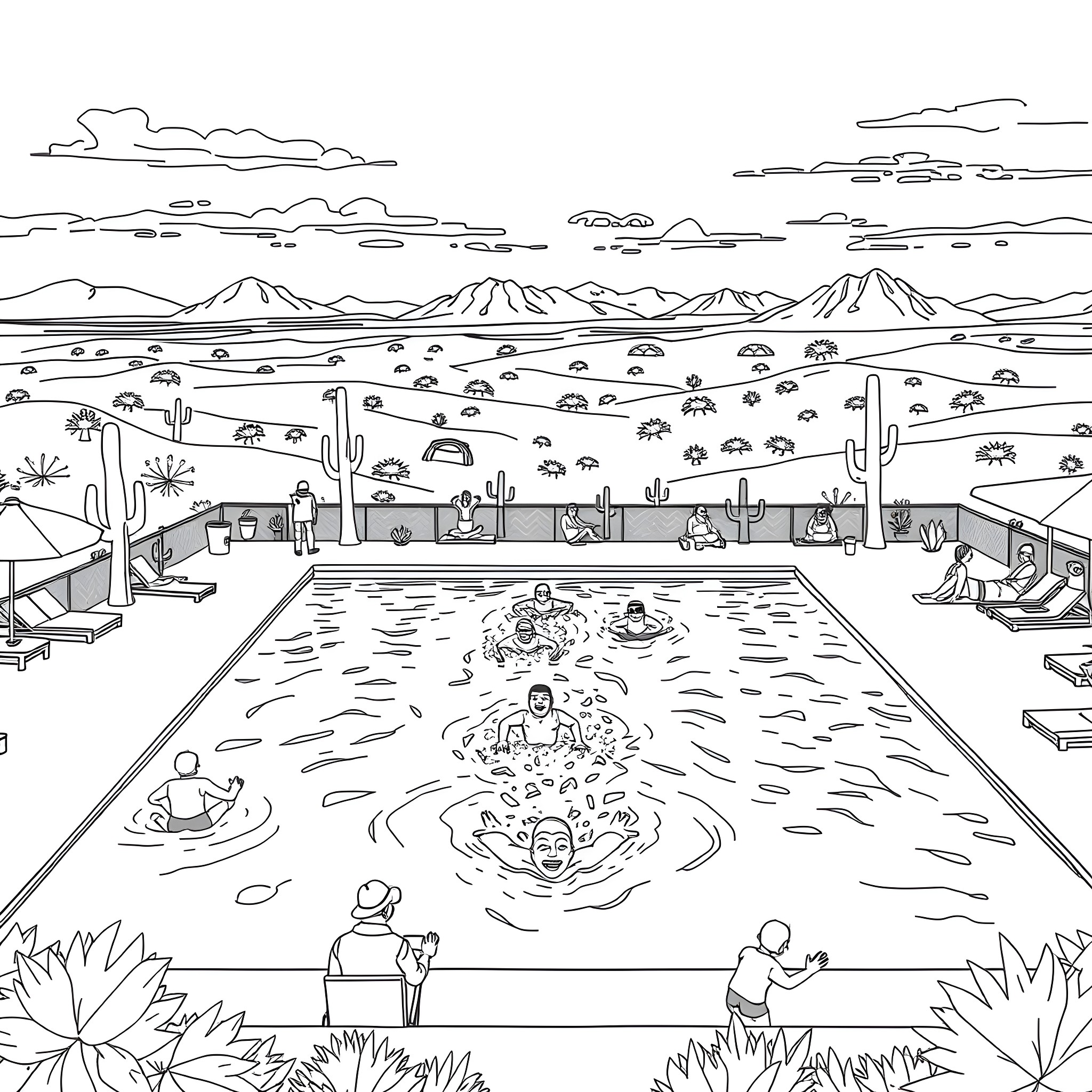 Swimming Pool Fun in the Desert Landscape Coloring Page (free black-and-white line drawing printable PDF for all, from beginners to advanced learners, including children, teens, adults, and seniors)