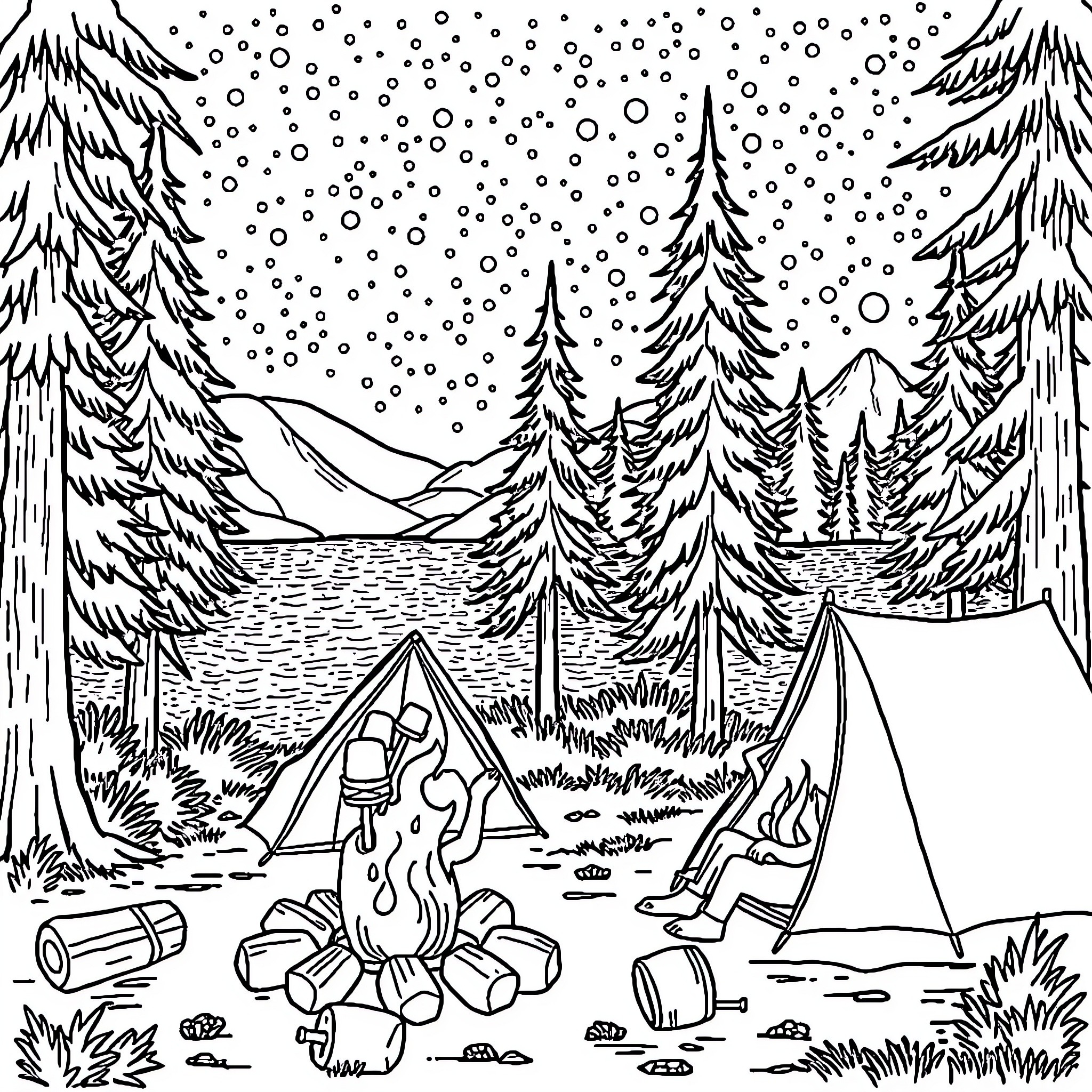 Camping in a Snowy Winter Wonderland Coloring Page (free black-and-white line drawing printable PDF for all, from beginners to advanced learners, including children, teens, adults, and seniors)