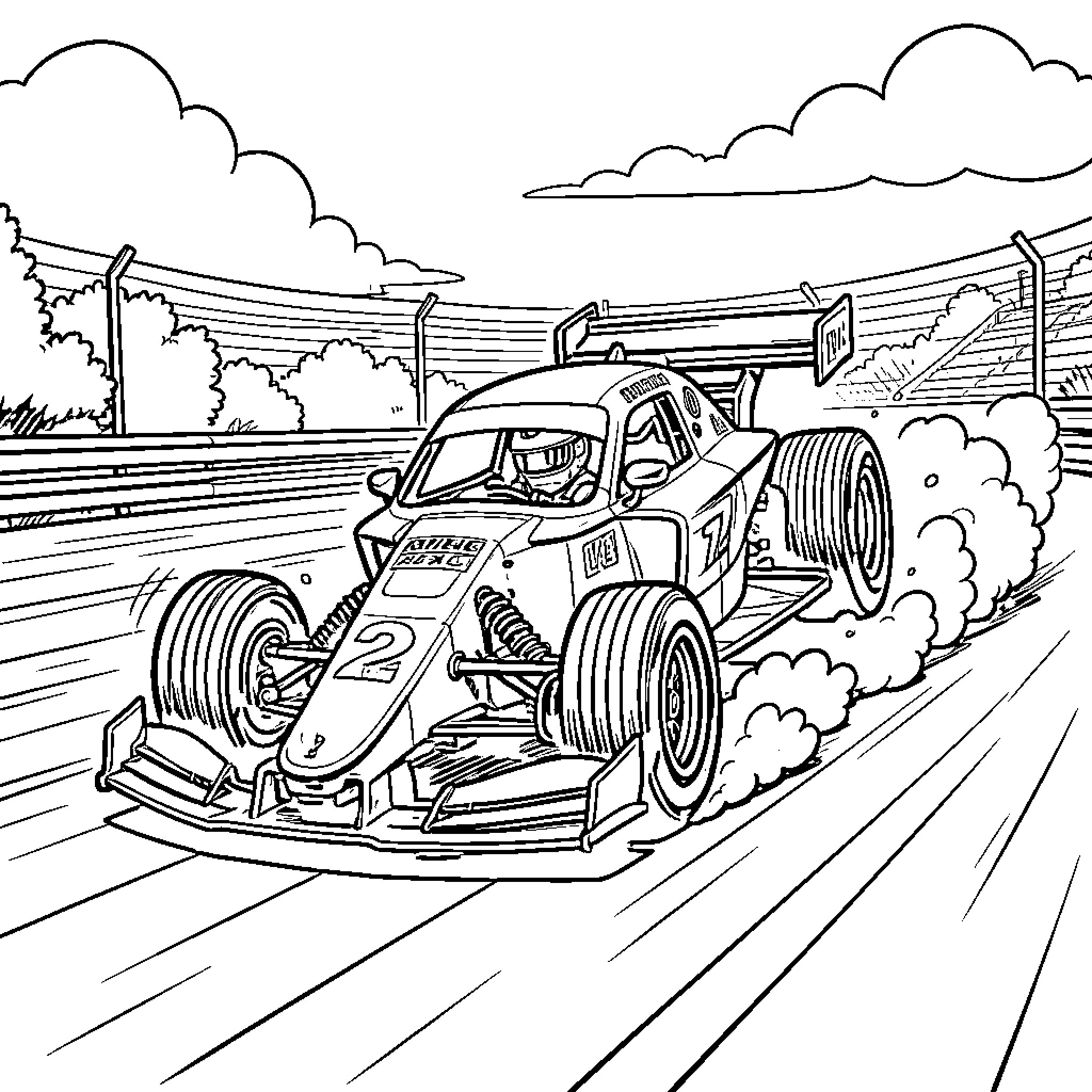 Quad racing car speeding through a track curve Coloring Page (free black-and-white line drawing printable PDF for all, from beginners to advanced learners, including children, teens, adults, and seniors)