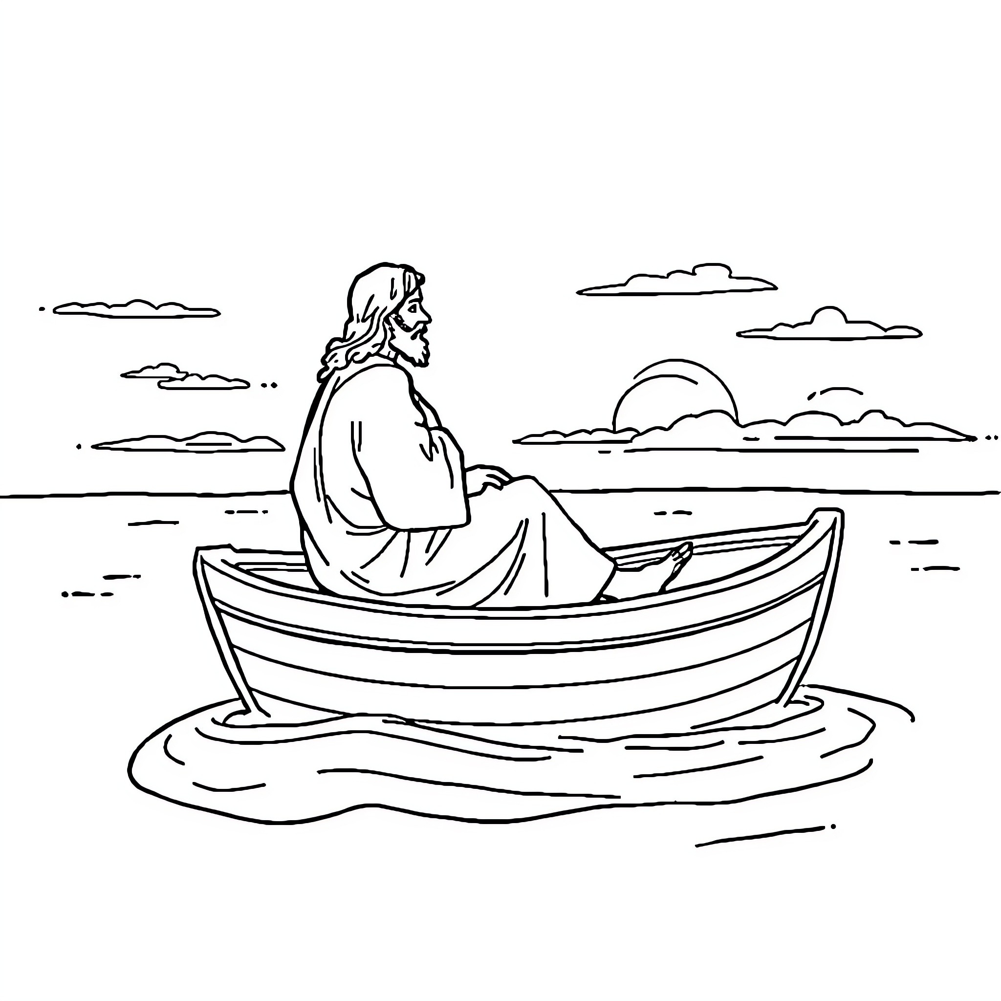 Jesus sitting peacefully in a boat on the water Coloring Page (free black-and-white line drawing printable PDF for all, from beginners to advanced learners, including children, teens, adults, and seniors)