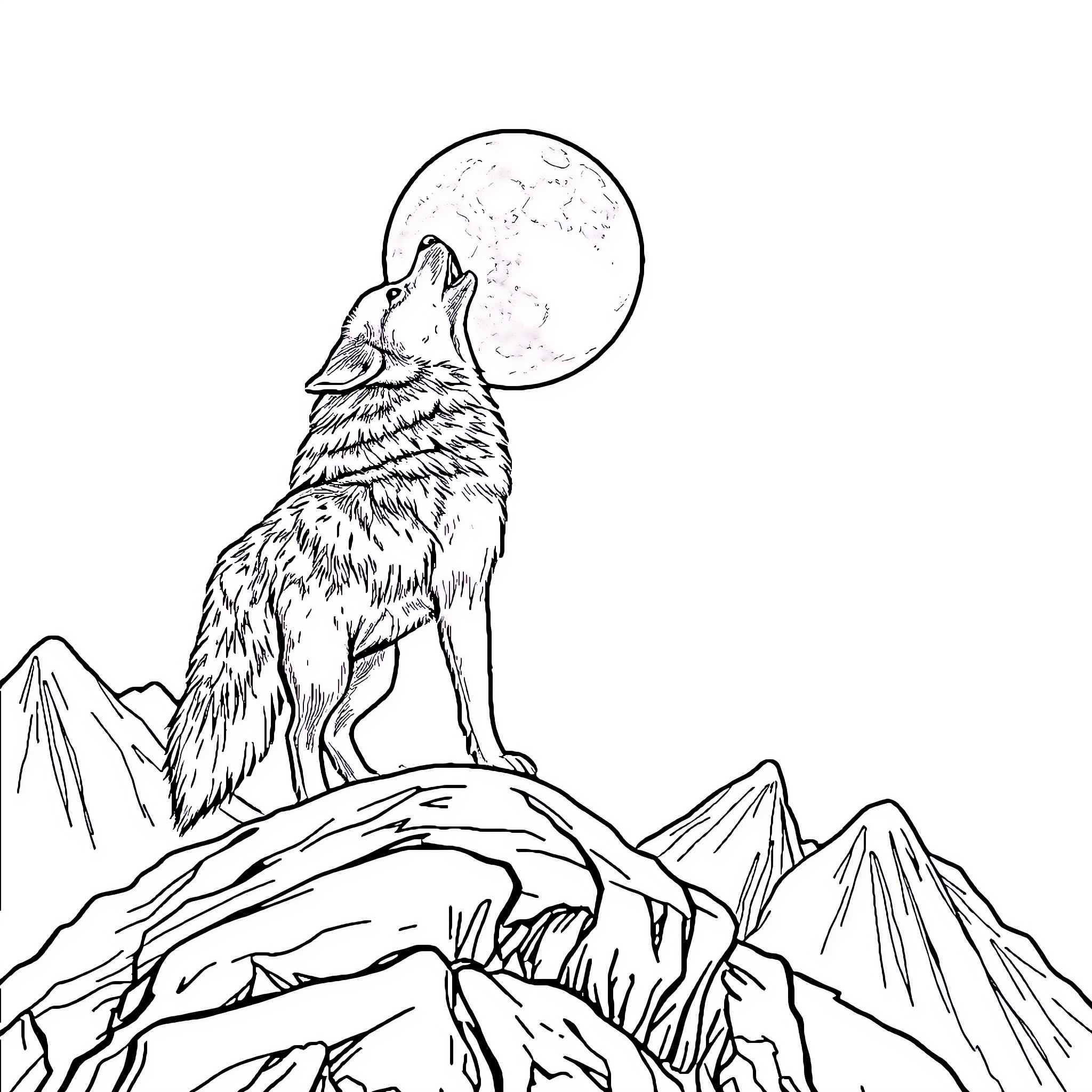 Wolf Howling at the Moonlit Mountain Peaks Coloring Page (free black-and-white line drawing printable PDF for all, from beginners to advanced learners, including children, teens, adults, and seniors)