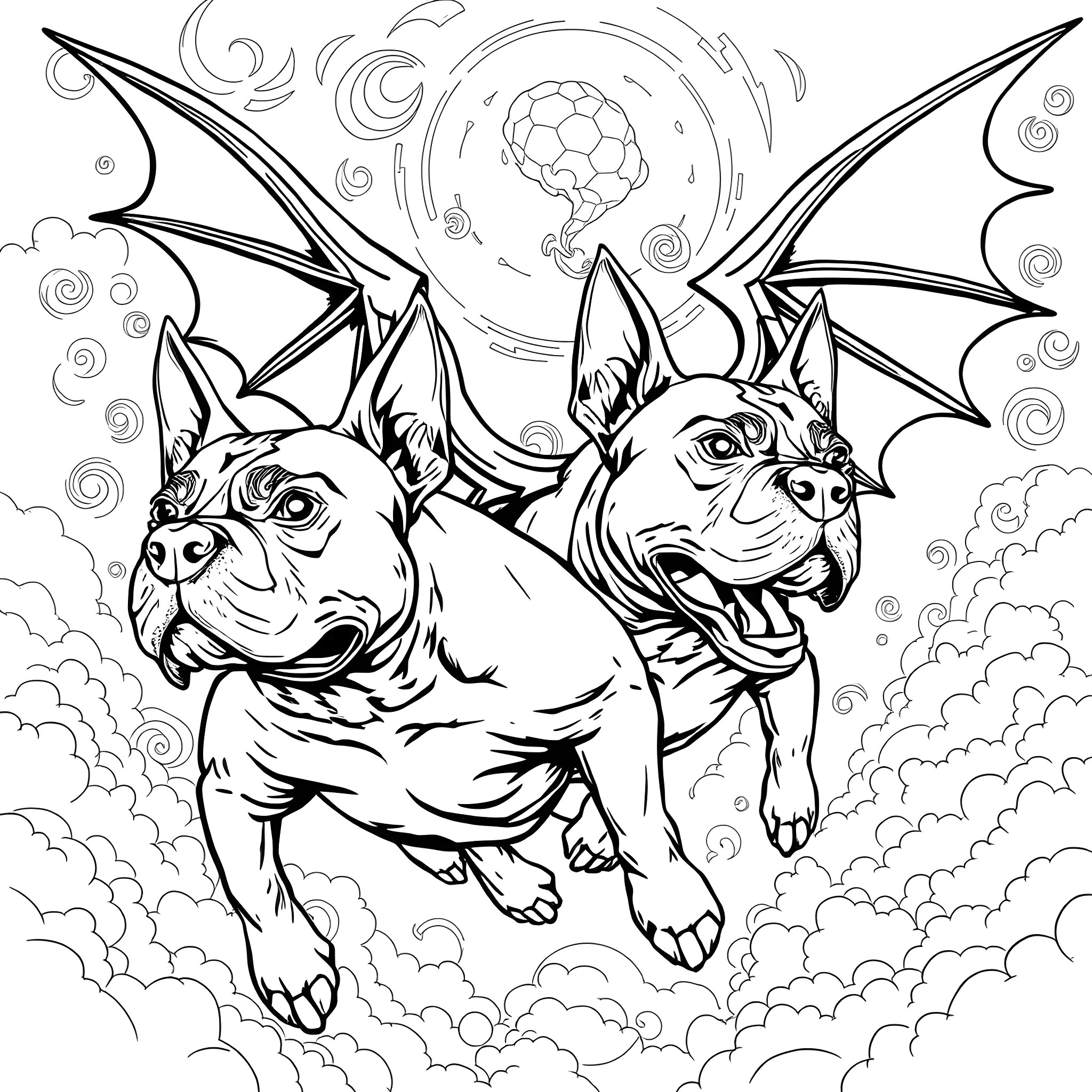 Pitbull dogs flying through the night sky Coloring Page (free black-and-white line drawing printable PDF for all, from beginners to advanced learners, including children, teens, adults, and seniors)