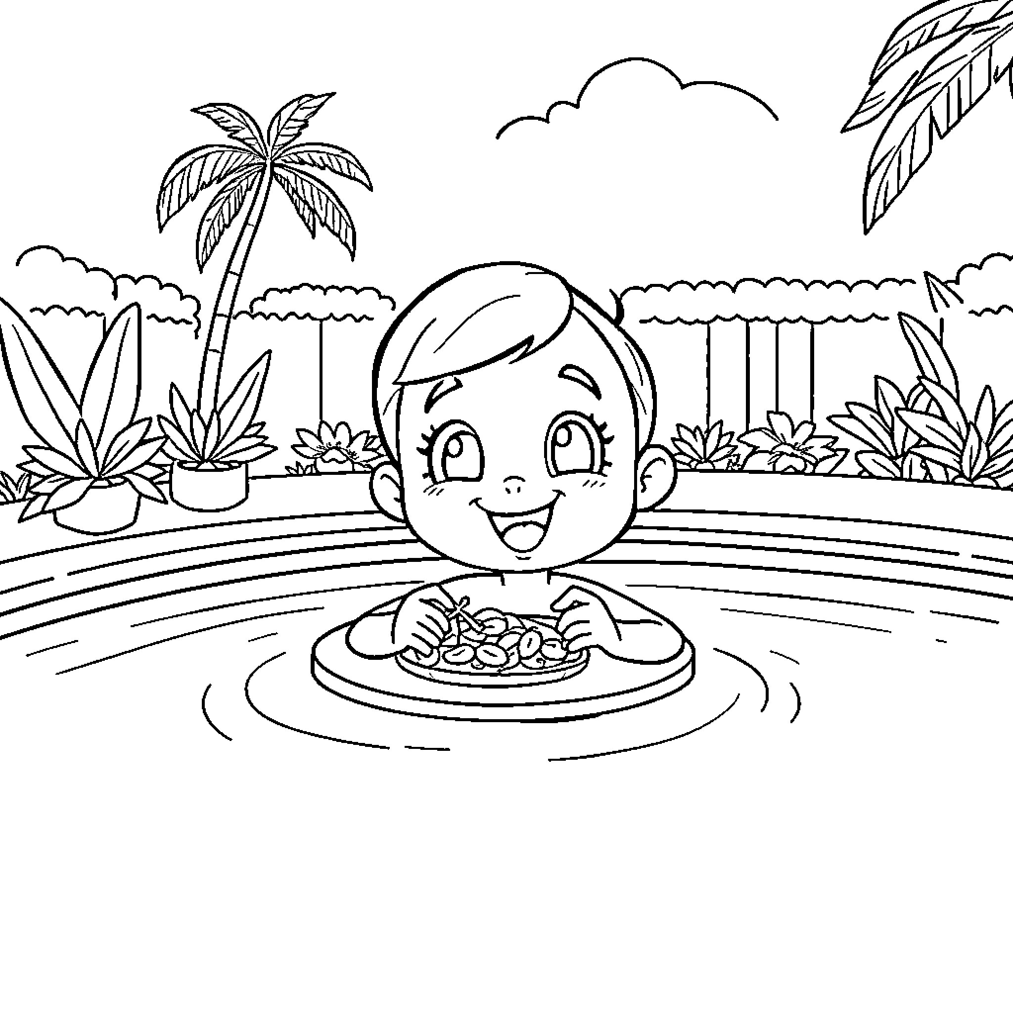 Cartoon Boy Playing Happily in Tropical Pool Coloring Page (free black-and-white line drawing printable PDF for all, from beginners to advanced learners, including children, teens, adults, and seniors)