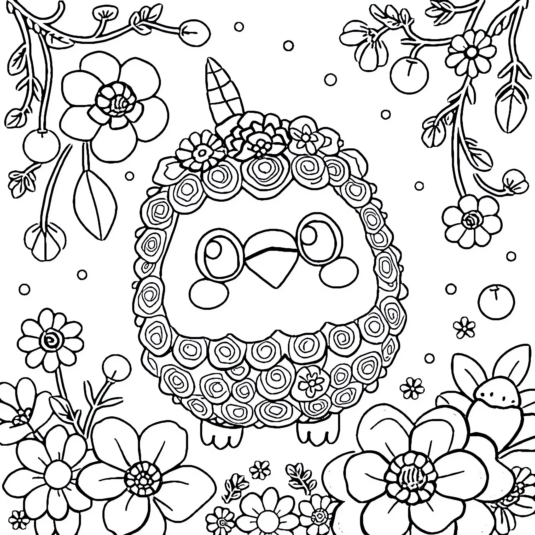 Gocu's Floral Wonderland Coloring Page (free black-and-white line drawing printable PDF for all, from beginners to advanced learners, including children, teens, adults, and seniors)