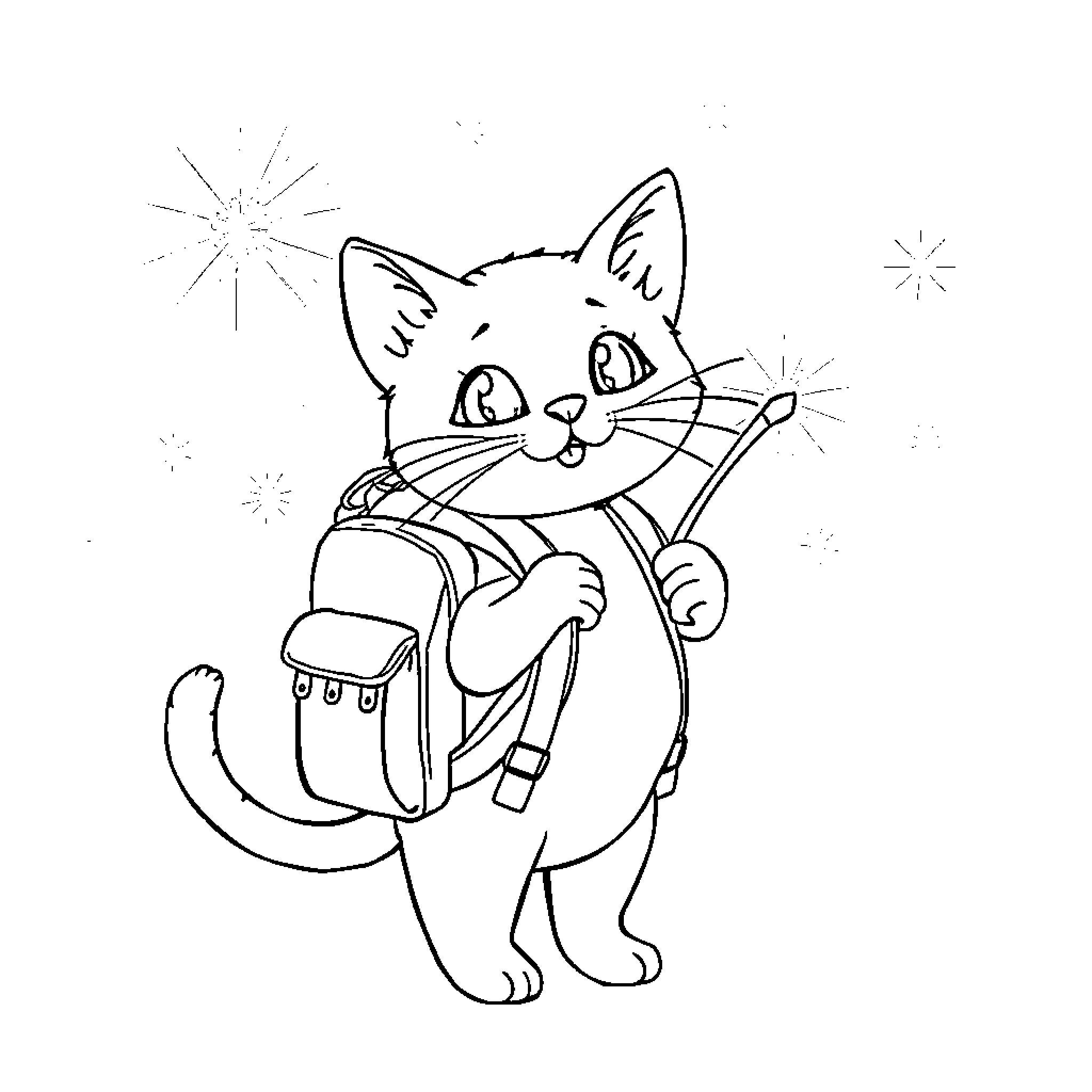 Cat going to school with backpack Coloring Page (free black-and-white line drawing printable PDF for all, from beginners to advanced learners, including children, teens, adults, and seniors)