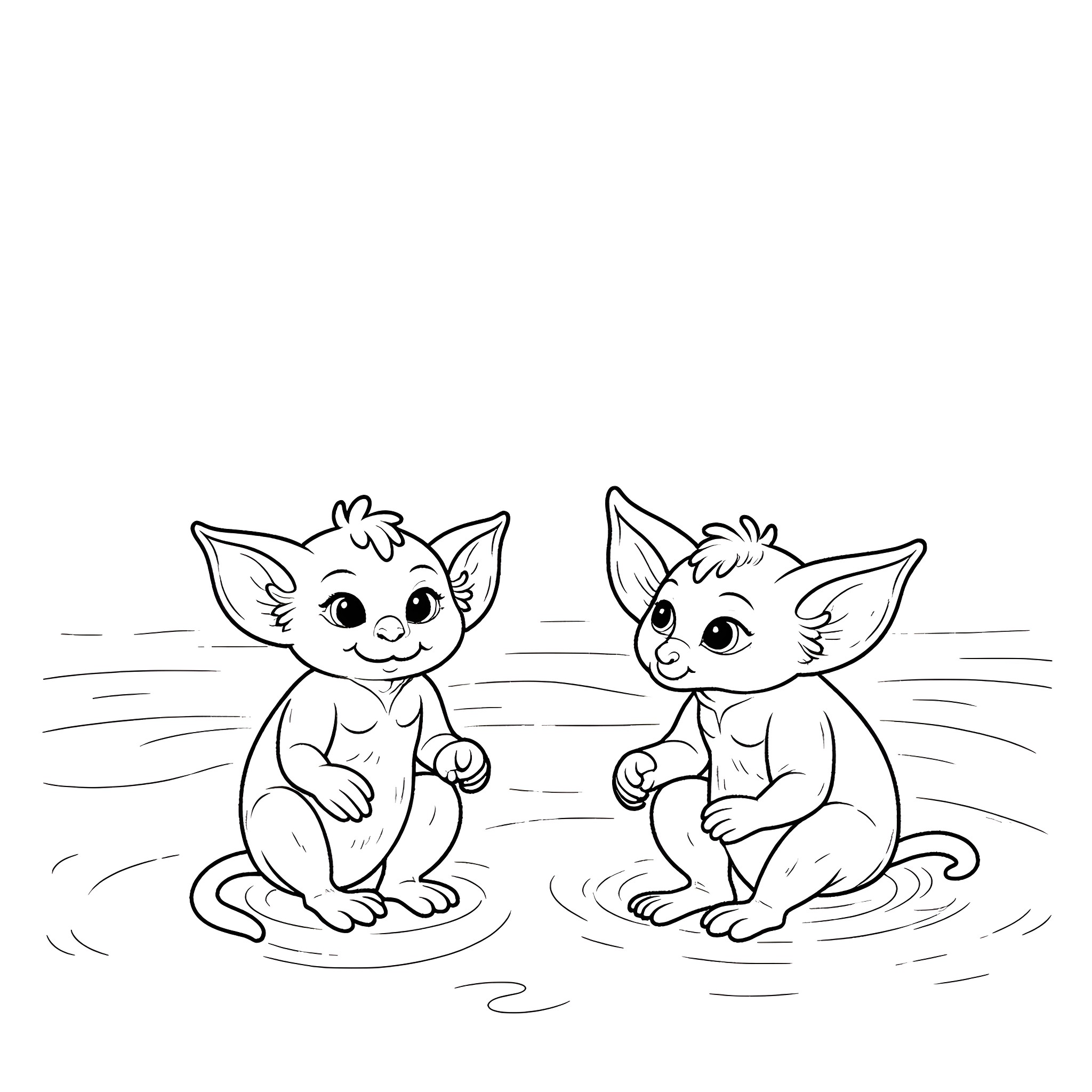 Gremlins playing joyfully in a puddle Coloring Page (free black-and-white line drawing printable PDF for all, from beginners to advanced learners, including children, teens, adults, and seniors)