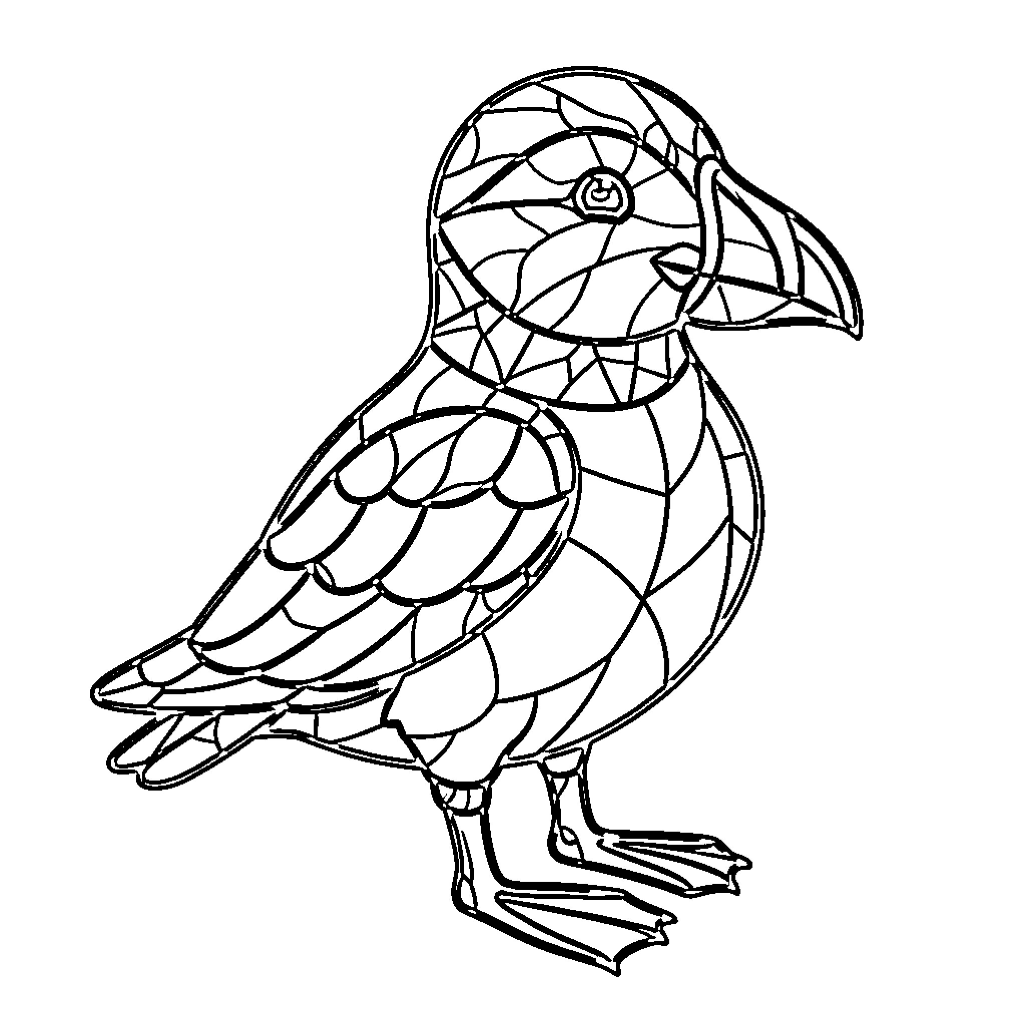 Puffin standing proudly with stylized mosaic pattern details Coloring Page (free black-and-white line drawing printable PDF for all, from beginners to advanced learners, including children, teens, adults, and seniors)