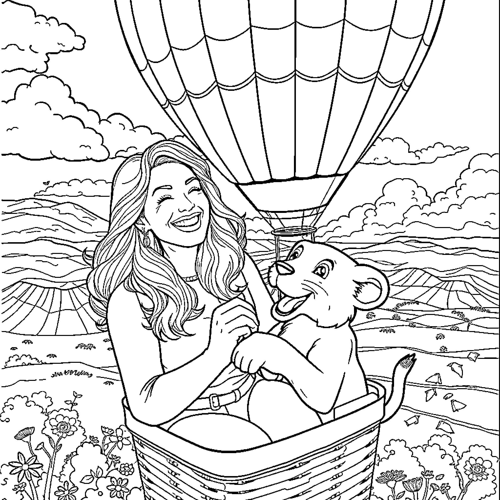 Céline Dion enjoying a hot air balloon ride with her companion Coloring Page (free black-and-white line drawing printable PDF for all, from beginners to advanced learners, including children, teens, adults, and seniors)