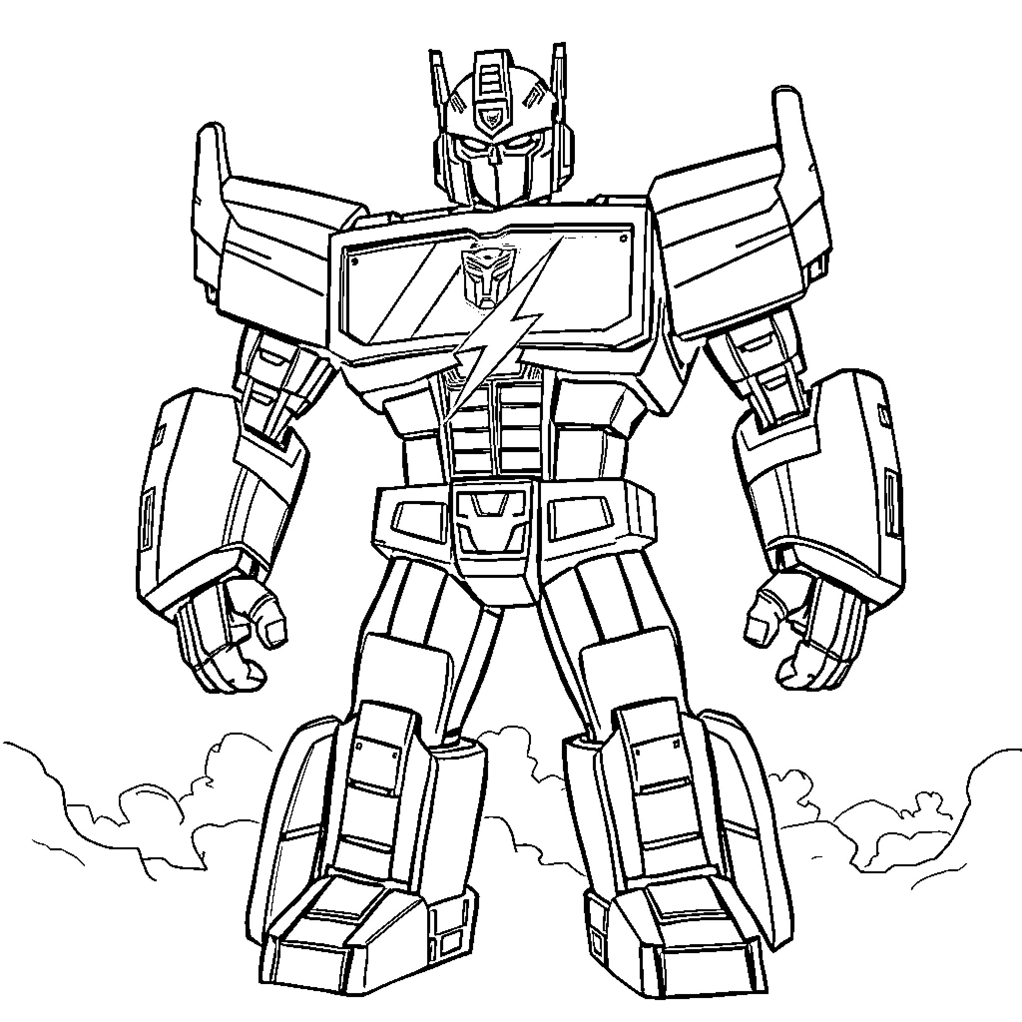 Optimus Prime robot hero in action pose Coloring Page (free black-and-white line drawing printable PDF for all, from beginners to advanced learners, including children, teens, adults, and seniors)