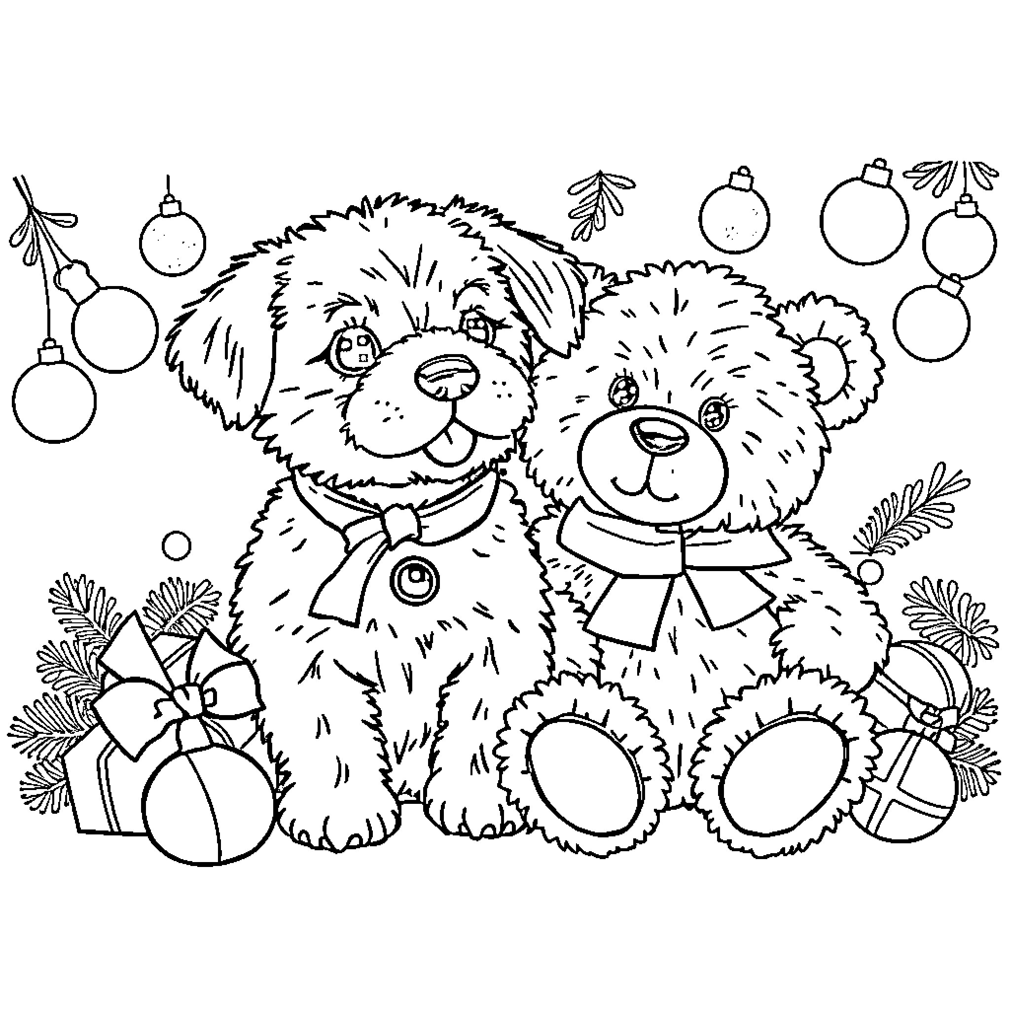 Dog Companions Celebrate the Holidays Coloring Page (free black-and-white line drawing printable PDF for all, from beginners to advanced learners, including children, teens, adults, and seniors)