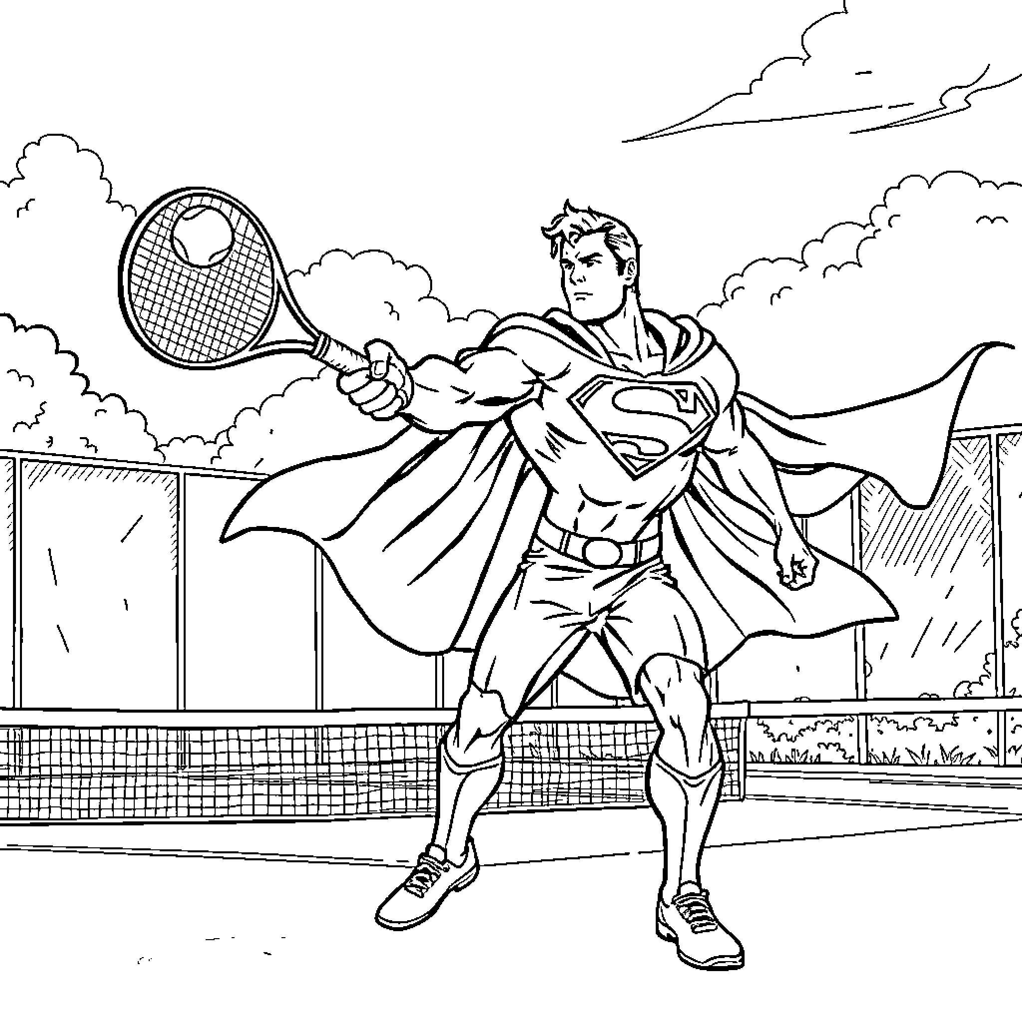 Superman playing tennis on the court Coloring Page (free black-and-white line drawing printable PDF for all, from beginners to advanced learners, including children, teens, adults, and seniors)