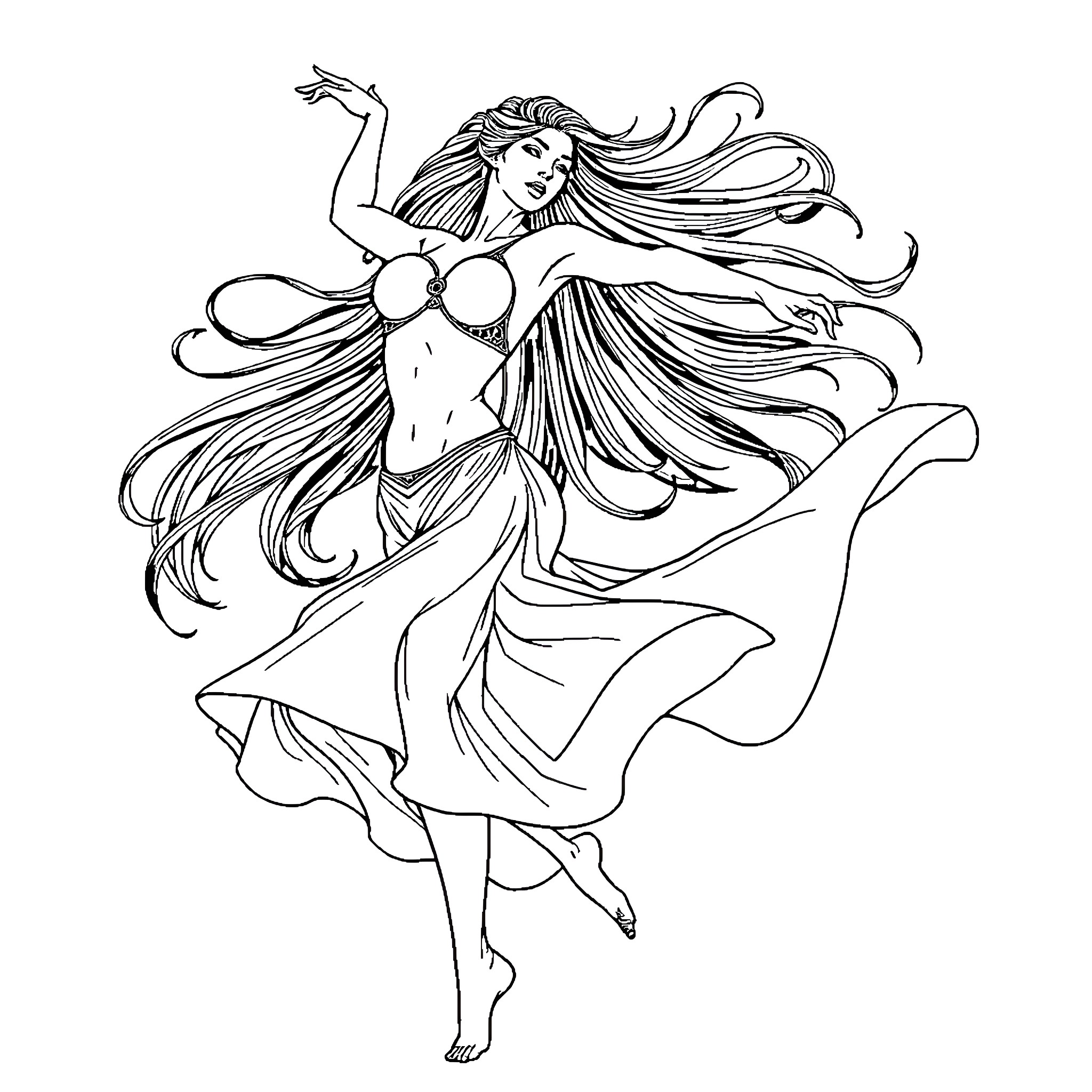 Woman in flowing dress performing expressive dance Coloring Page (free black-and-white line drawing printable PDF for all, from beginners to advanced learners, including children, teens, adults, and seniors)