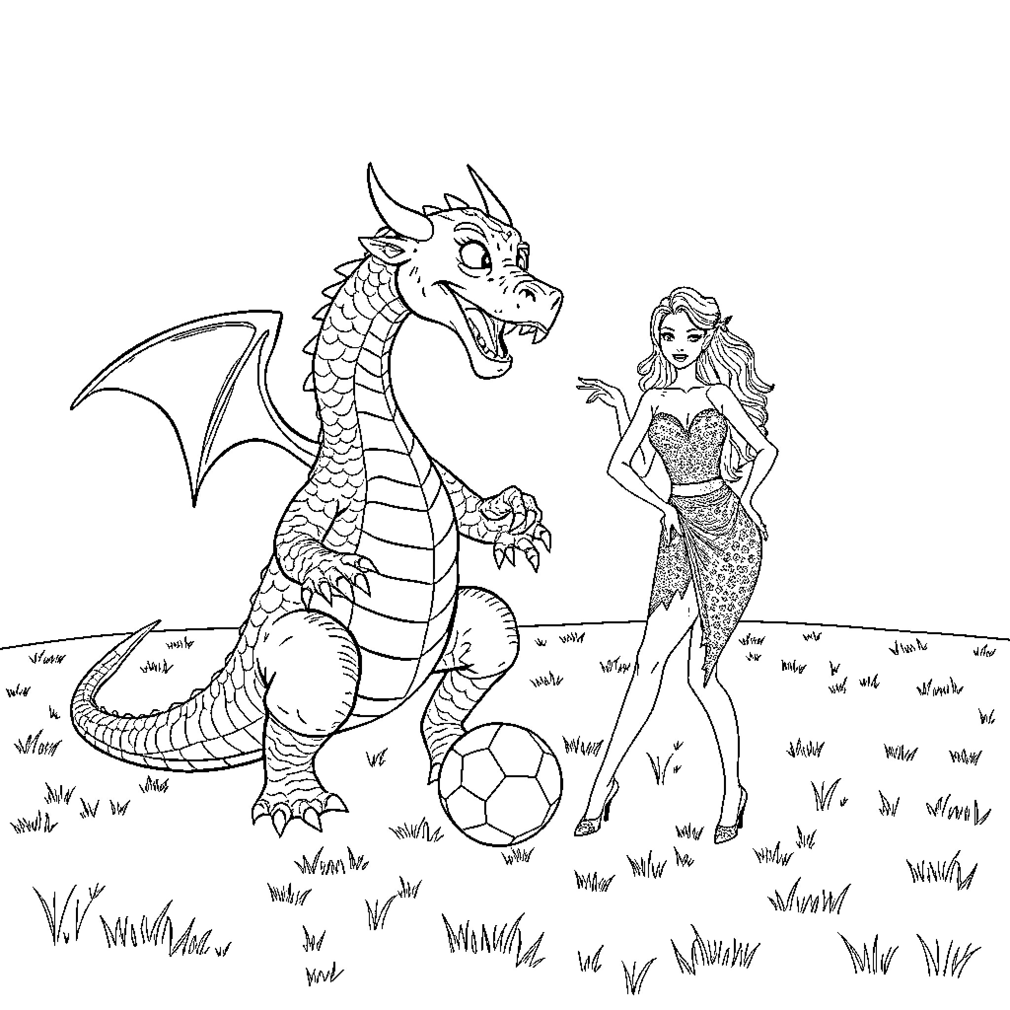 Dragon and Enchanting Maiden Play Soccer in the Meadow Coloring Page (free black-and-white line drawing printable PDF for all, from beginners to advanced learners, including children, teens, adults, and seniors)