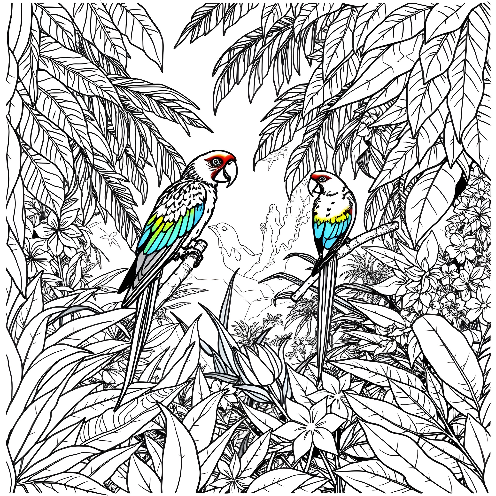 Parrot Pair Perched Amidst Lush Tropical Foliage Coloring Page (free black-and-white line drawing printable PDF for all, from beginners to advanced learners, including children, teens, adults, and seniors)