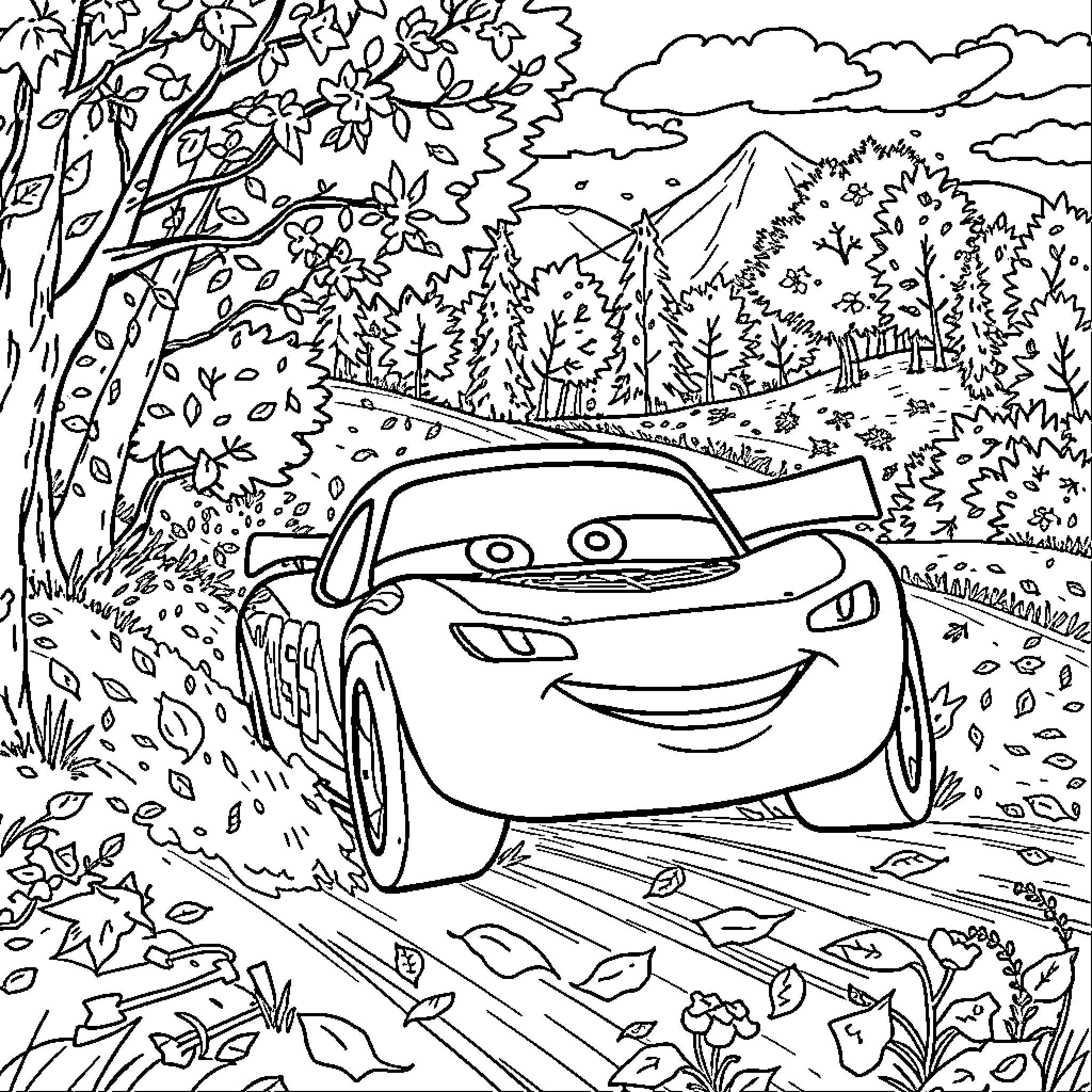 Lightning McQueen racing through the scenic forest Coloring Page (free black-and-white line drawing printable PDF for all, from beginners to advanced learners, including children, teens, adults, and seniors)