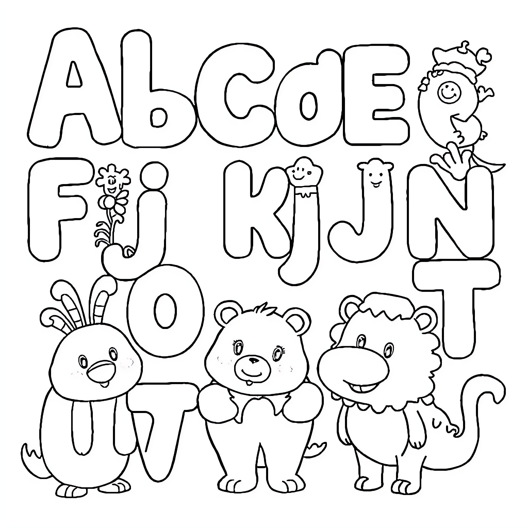 Alphabet animal characters with playful expressions Coloring Page (free black-and-white line drawing printable PDF for all, from beginners to advanced learners, including children, teens, adults, and seniors)