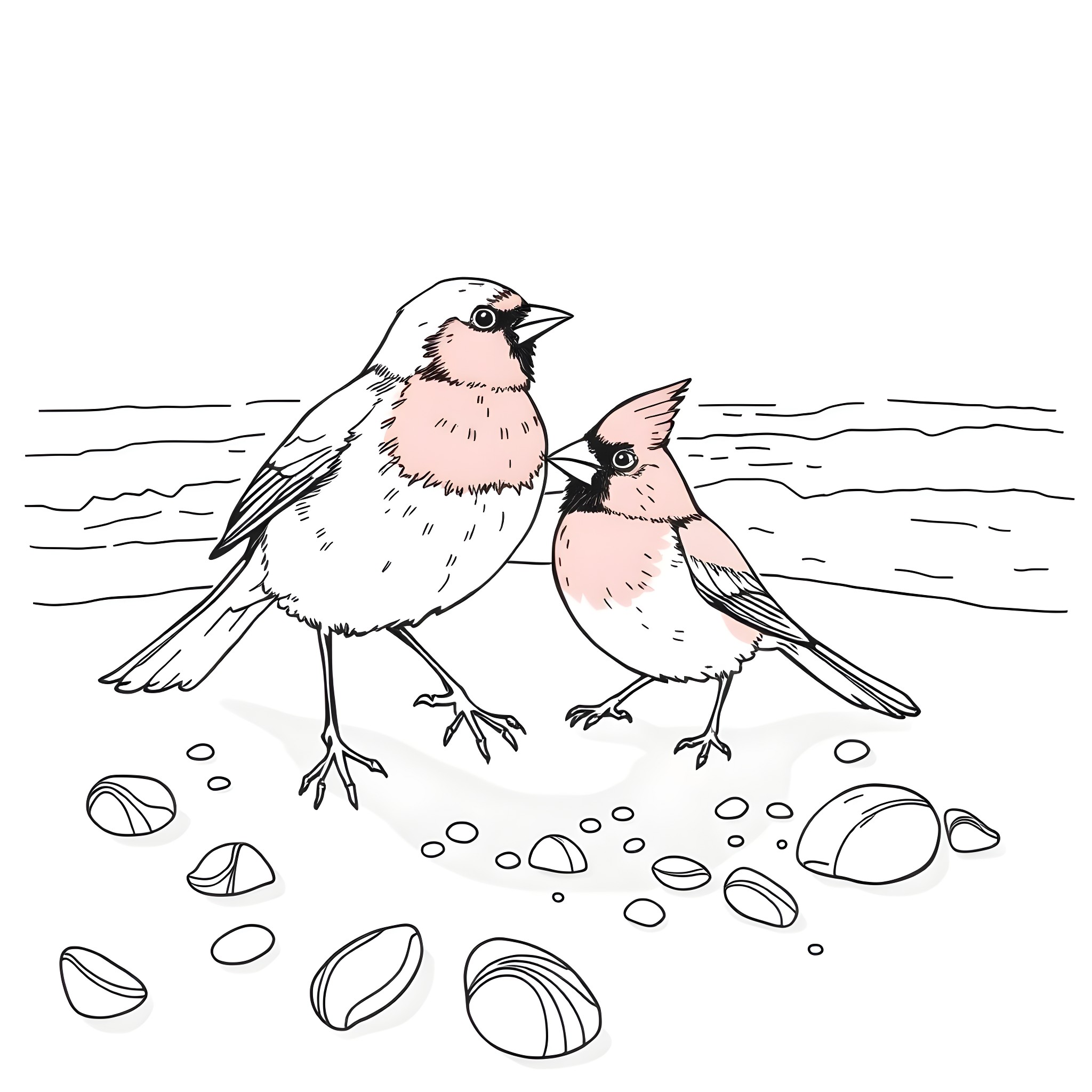 Birds perching together on the ground Coloring Page (free black-and-white line drawing printable PDF for all, from beginners to advanced learners, including children, teens, adults, and seniors)