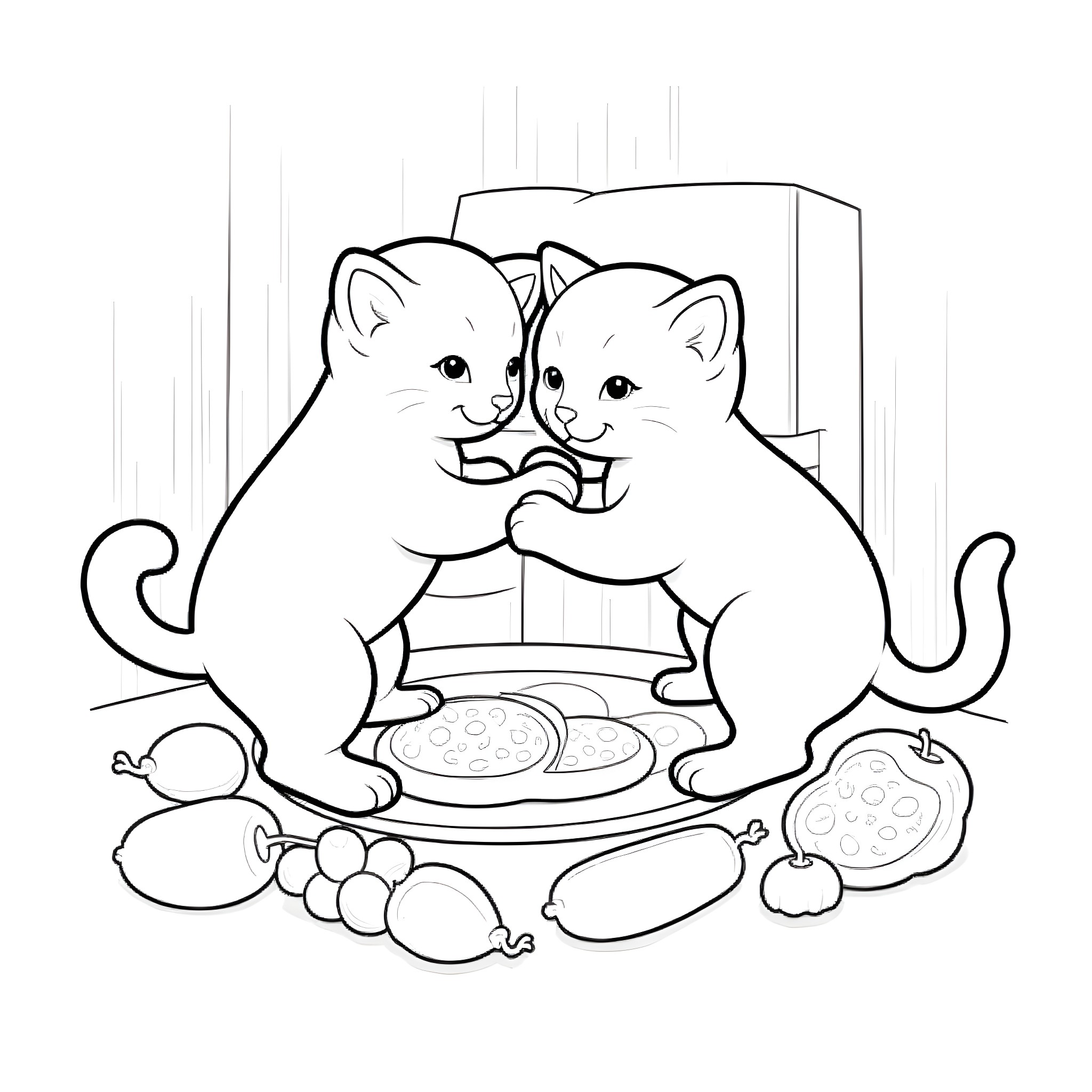 Kittens sharing a cozy meal together Coloring Page (free black-and-white line drawing printable PDF for all, from beginners to advanced learners, including children, teens, adults, and seniors)