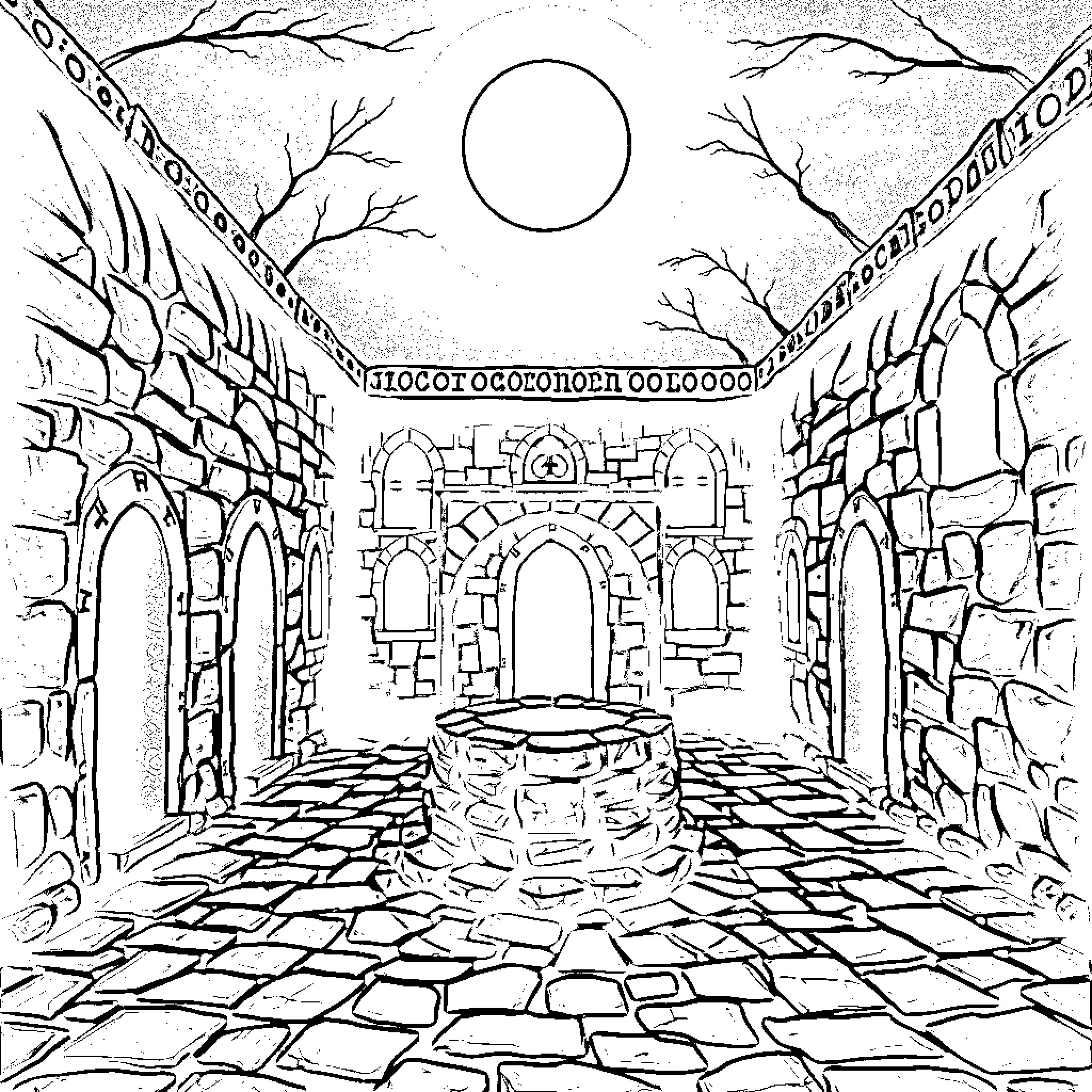 Courtyard of an ancient castle with intricate stone arches Coloring Page (free black-and-white line drawing printable PDF for all, from beginners to advanced learners, including children, teens, adults, and seniors)