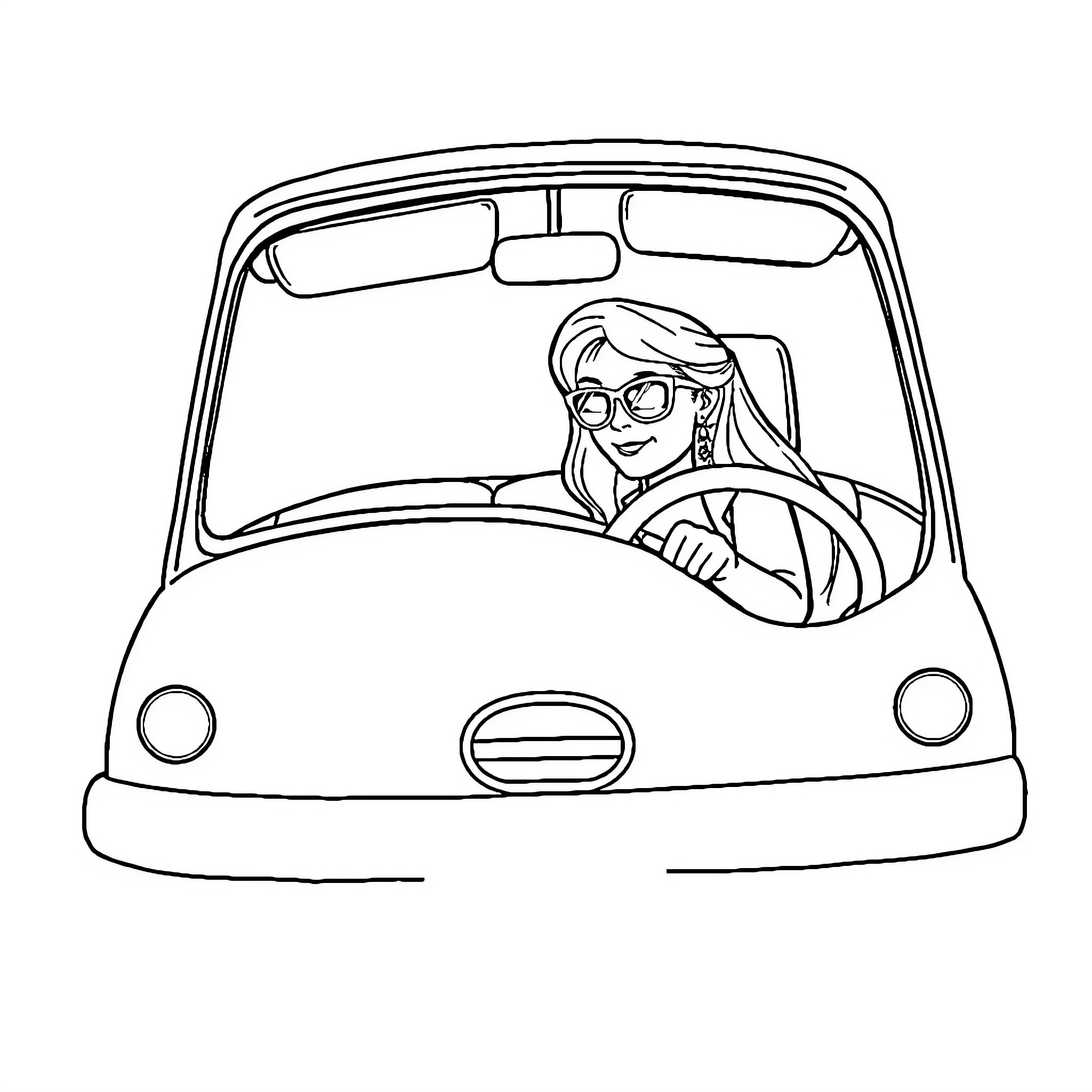 Car with cheerful driver on the road Coloring Page (free black-and-white line drawing printable PDF for all, from beginners to advanced learners, including children, teens, adults, and seniors)