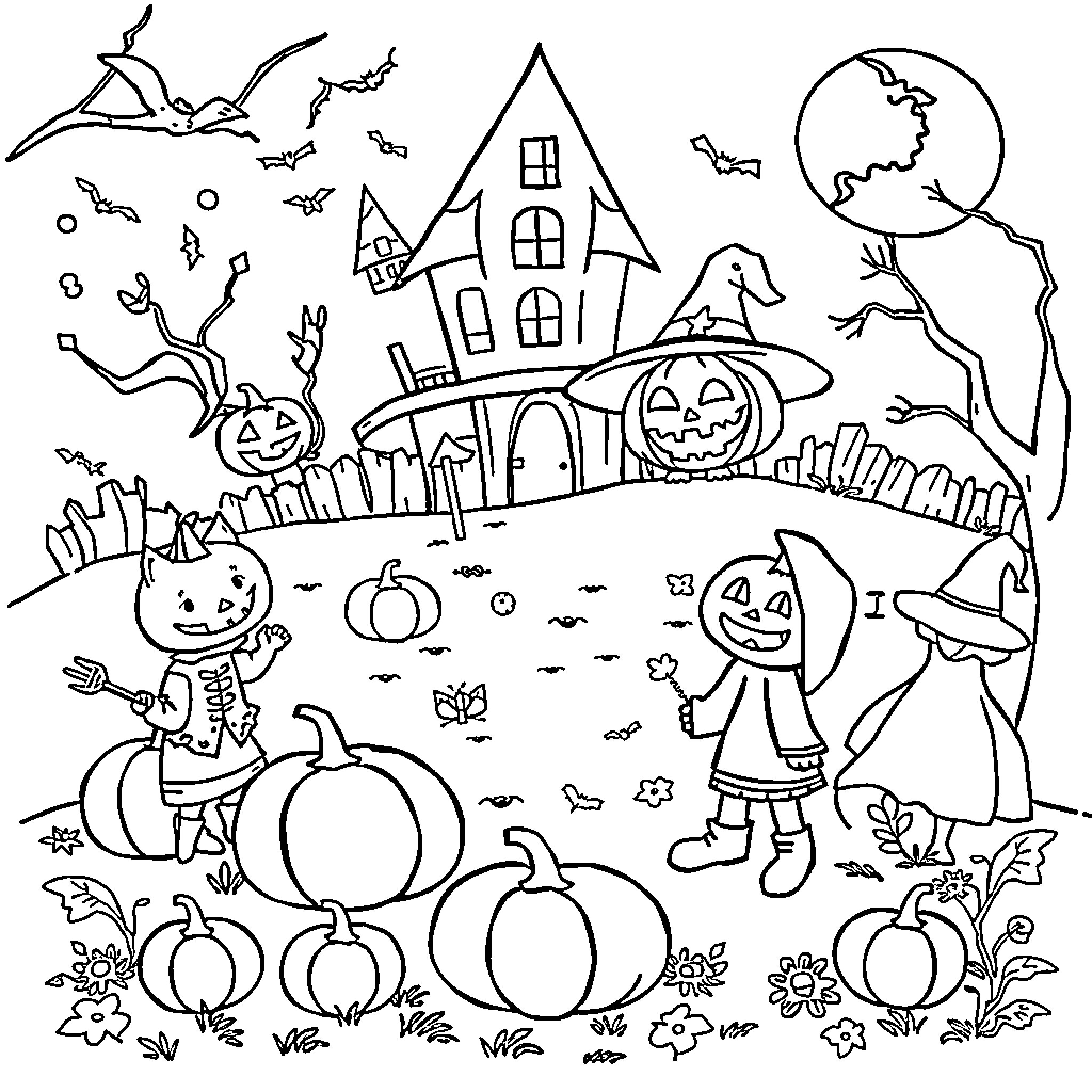 Toddlers playing in a spooky Halloween scene Coloring Page (free black-and-white line drawing printable PDF for all, from beginners to advanced learners, including children, teens, adults, and seniors)