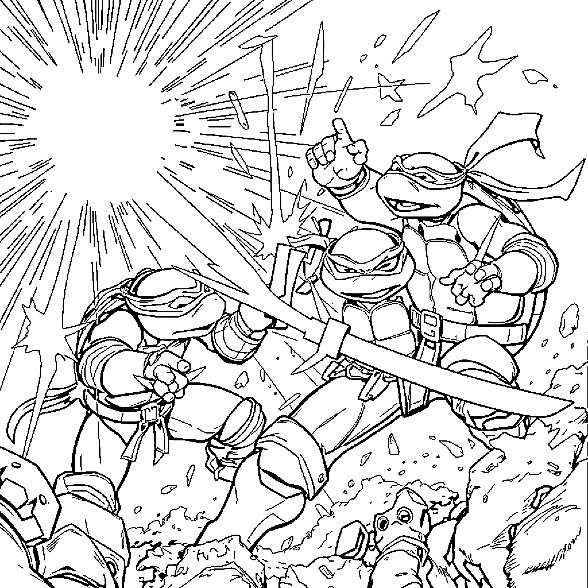 Teenage Mutant Ninja Turtle Heroes Battling in Action Coloring Page (free black-and-white line drawing printable PDF for all, from beginners to advanced learners, including children, teens, adults, and seniors)