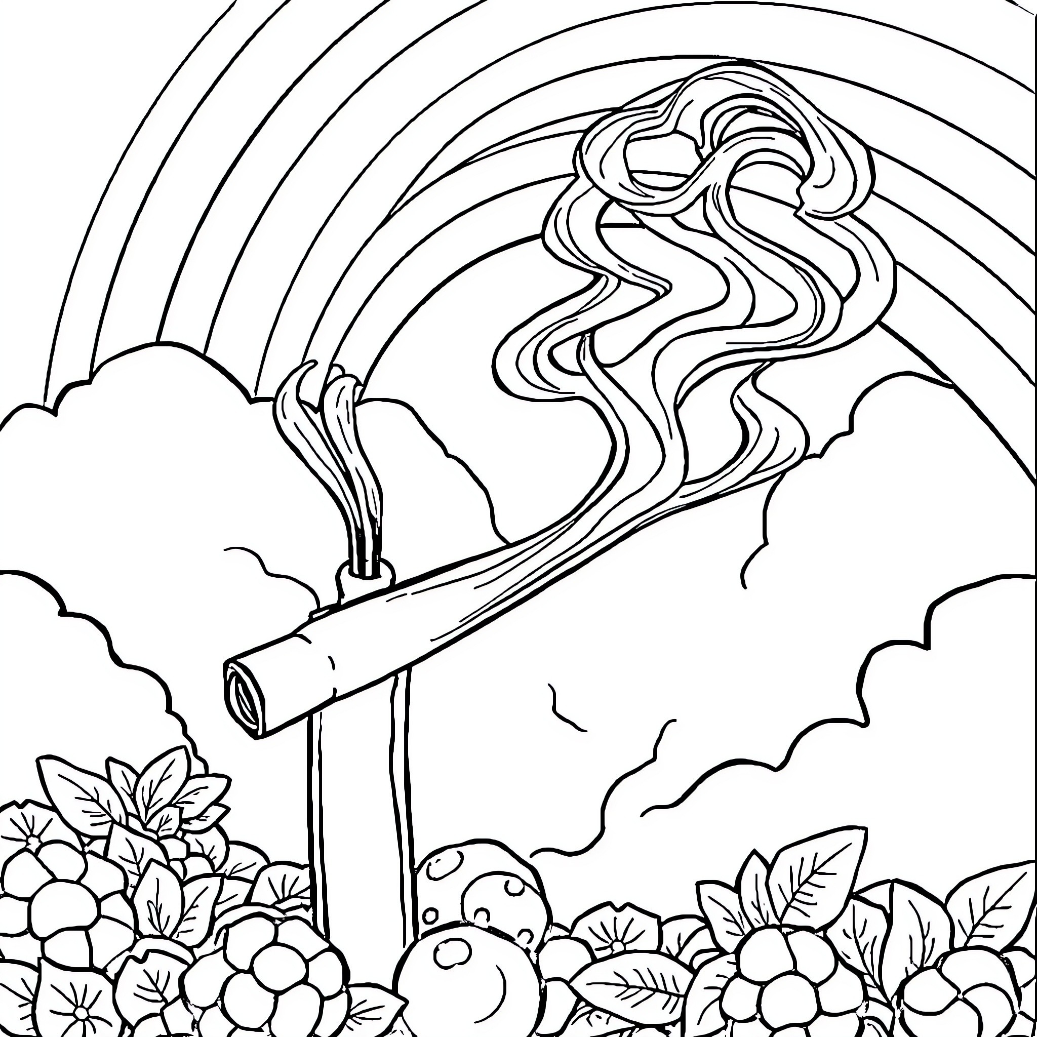 Blueberry Fantasy Landscape with Rainbow Coloring Page (free black-and-white line drawing printable PDF for all, from beginners to advanced learners, including children, teens, adults, and seniors)