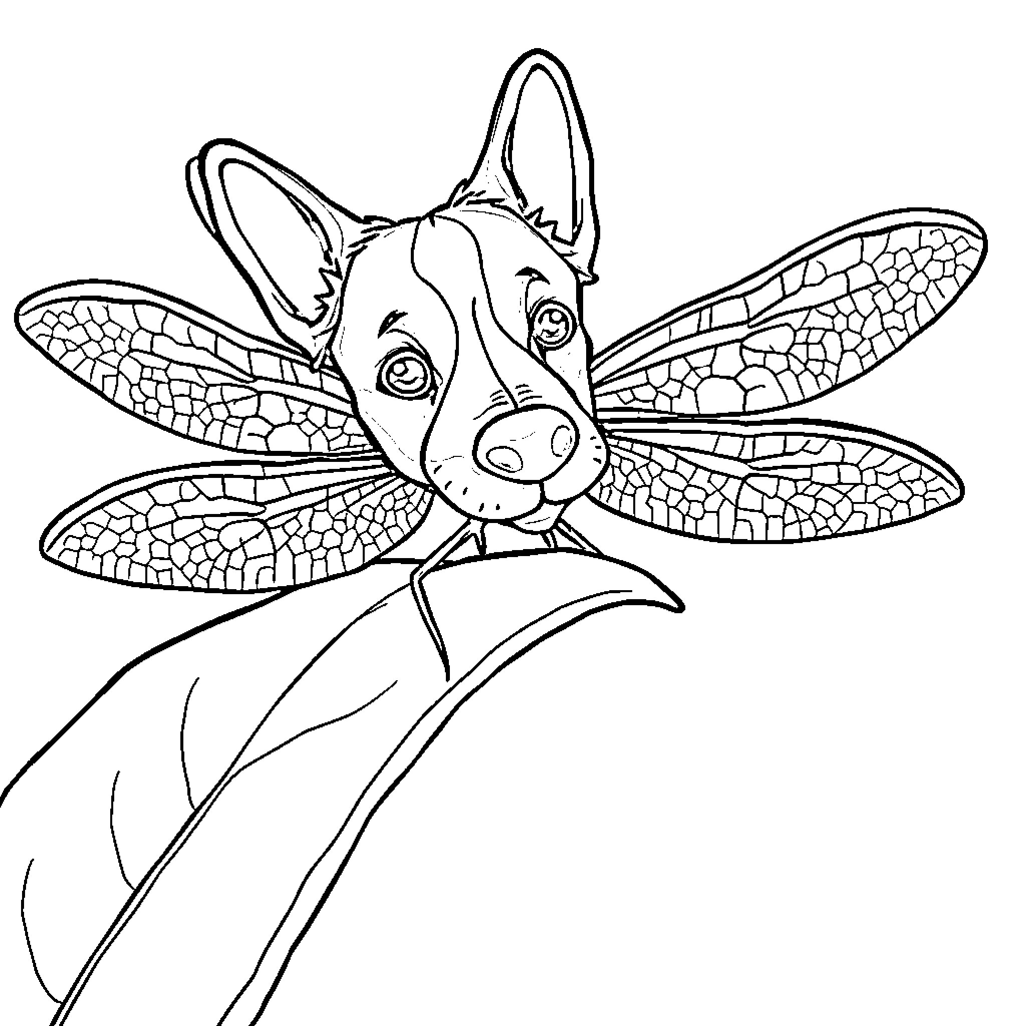 Dragonfly perched on a leaf with intricate wings Coloring Page (free black-and-white line drawing printable PDF for all, from beginners to advanced learners, including children, teens, adults, and seniors)