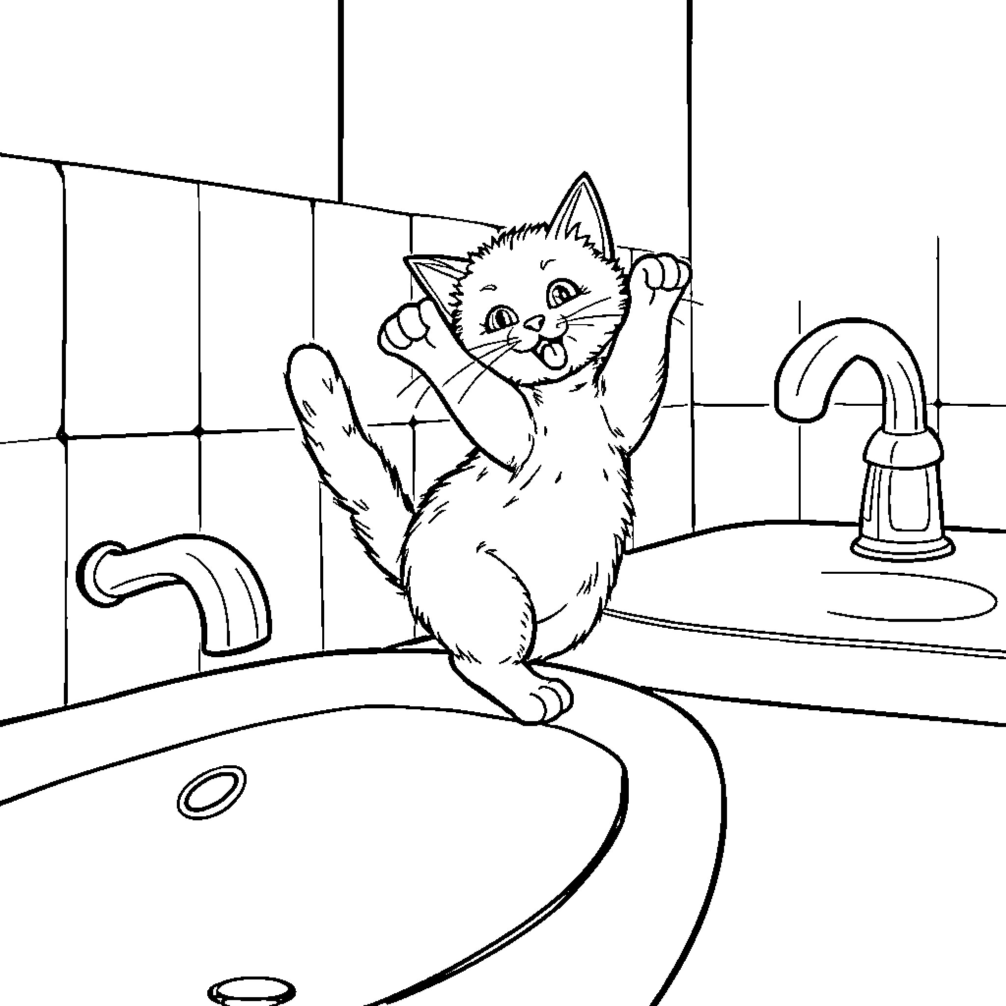 Cat playing curiously in bathroom Coloring Page (free black-and-white line drawing printable PDF for all, from beginners to advanced learners, including children, teens, adults, and seniors)