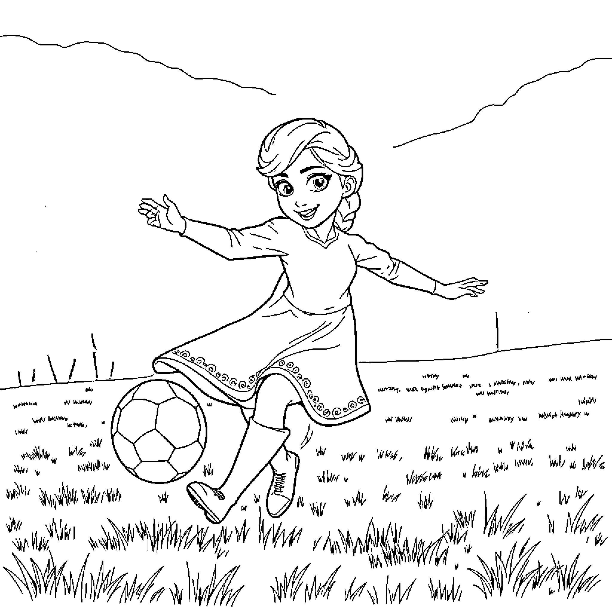 Anna happily playing with a soccer ball in the field Coloring Page (free black-and-white line drawing printable PDF for all, from beginners to advanced learners, including children, teens, adults, and seniors)