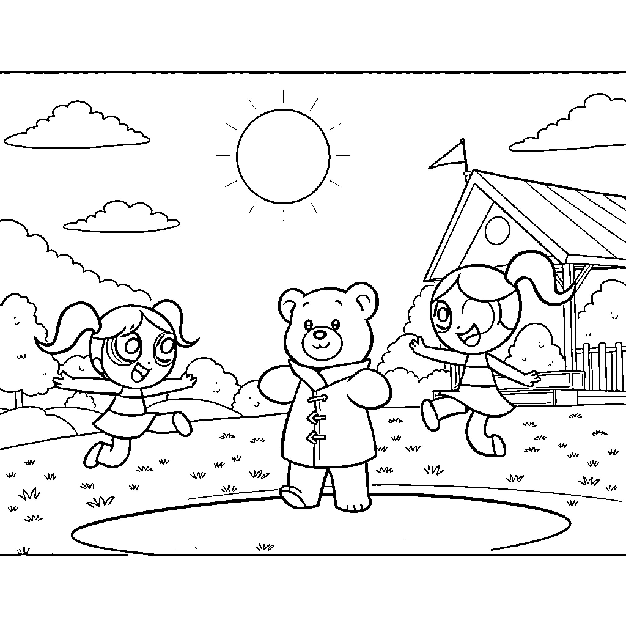 Powerpuff Girls Enjoying Outdoor Fun Coloring Page (free black-and-white line drawing printable PDF for all, from beginners to advanced learners, including children, teens, adults, and seniors)
