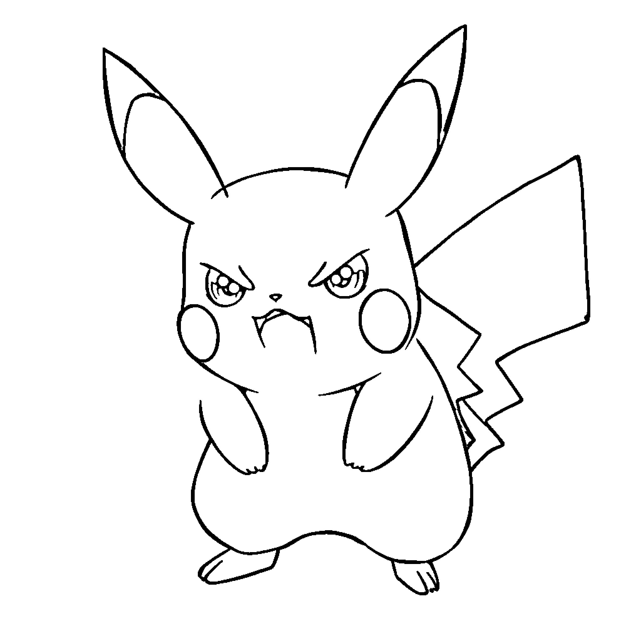 Pikachu making a stern expression Coloring Page (free black-and-white line drawing printable PDF for all, from beginners to advanced learners, including children, teens, adults, and seniors)
