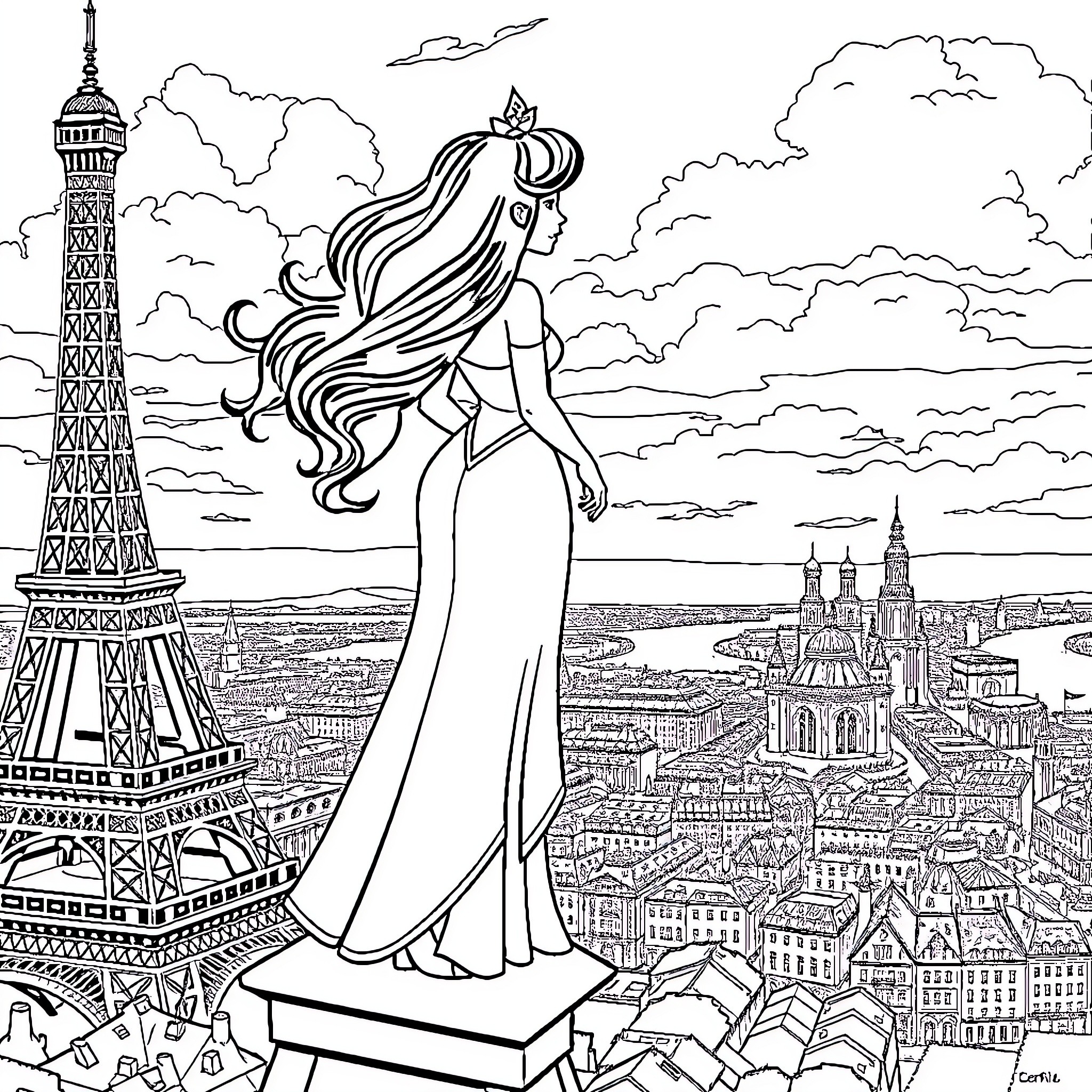 Vaiana enjoying the view of Paris cityscape Coloring Page (free black-and-white line drawing printable PDF for all, from beginners to advanced learners, including children, teens, adults, and seniors)