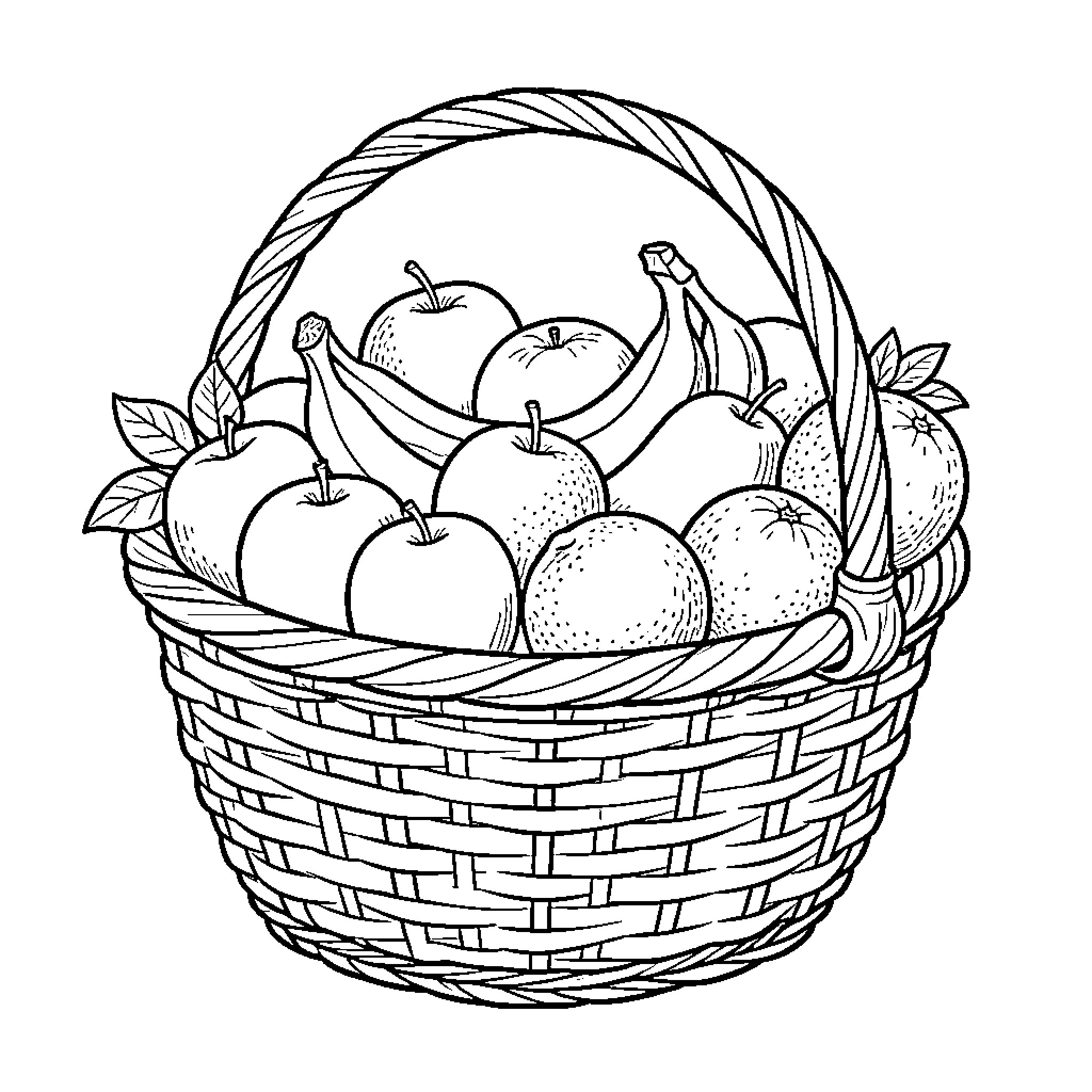 Fruit basket filled with assorted produce Coloring Page (free black-and-white line drawing printable PDF for all, from beginners to advanced learners, including children, teens, adults, and seniors)