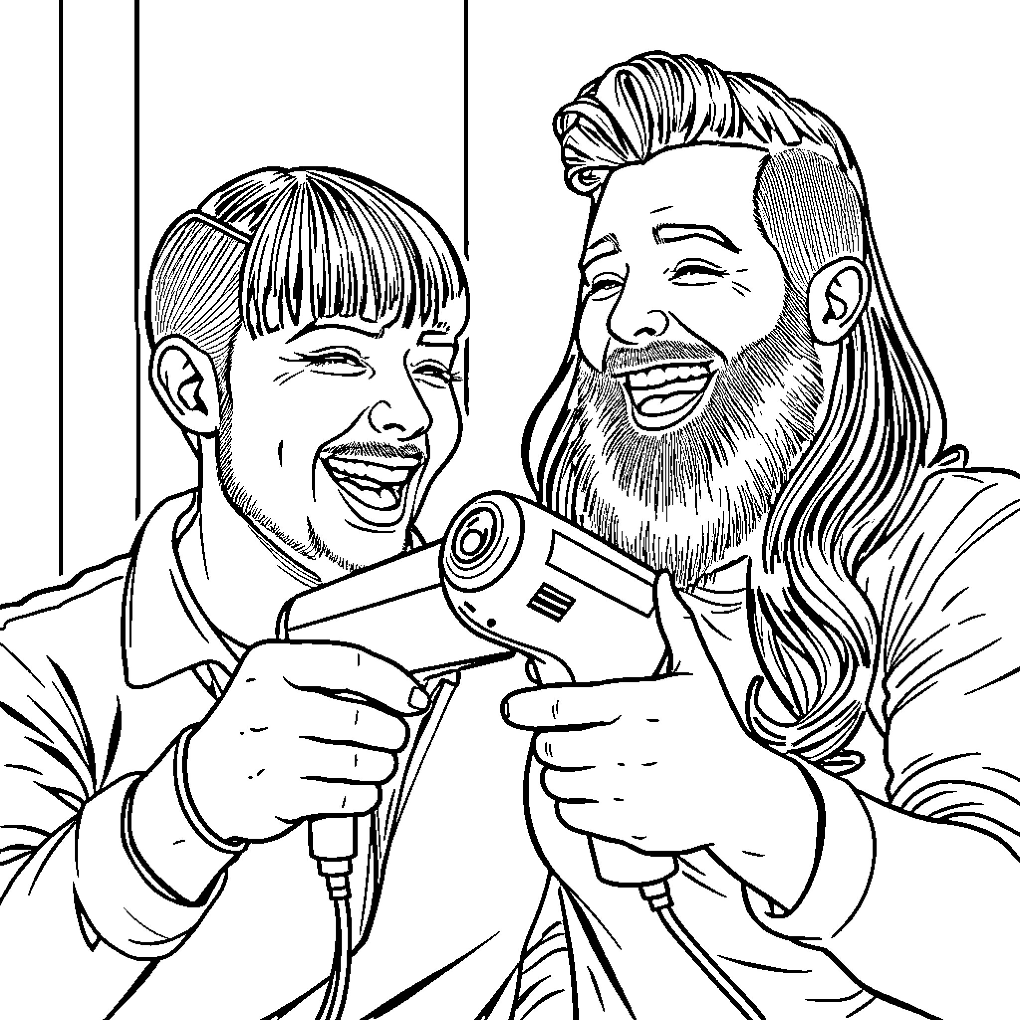 Man gaming with friend and enjoying video game Coloring Page (free black-and-white line drawing printable PDF for all, from beginners to advanced learners, including children, teens, adults, and seniors)