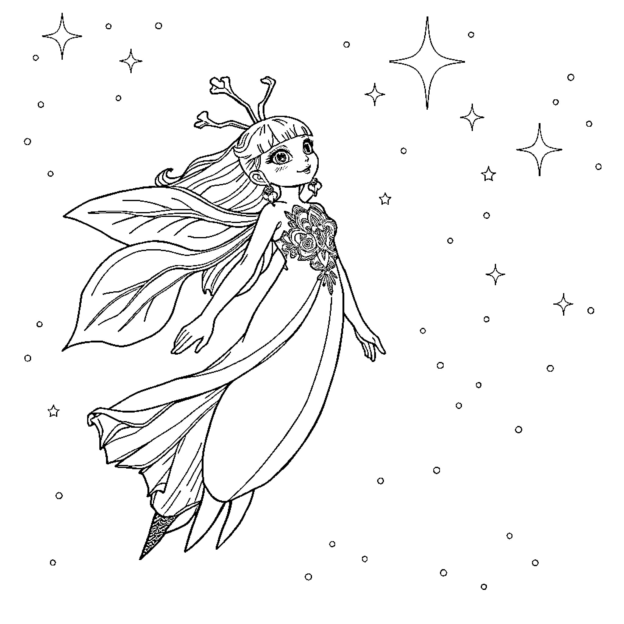 Zanahoria: Enchanting fairy dancing among the stars Coloring Page (free black-and-white line drawing printable PDF for all, from beginners to advanced learners, including children, teens, adults, and seniors)