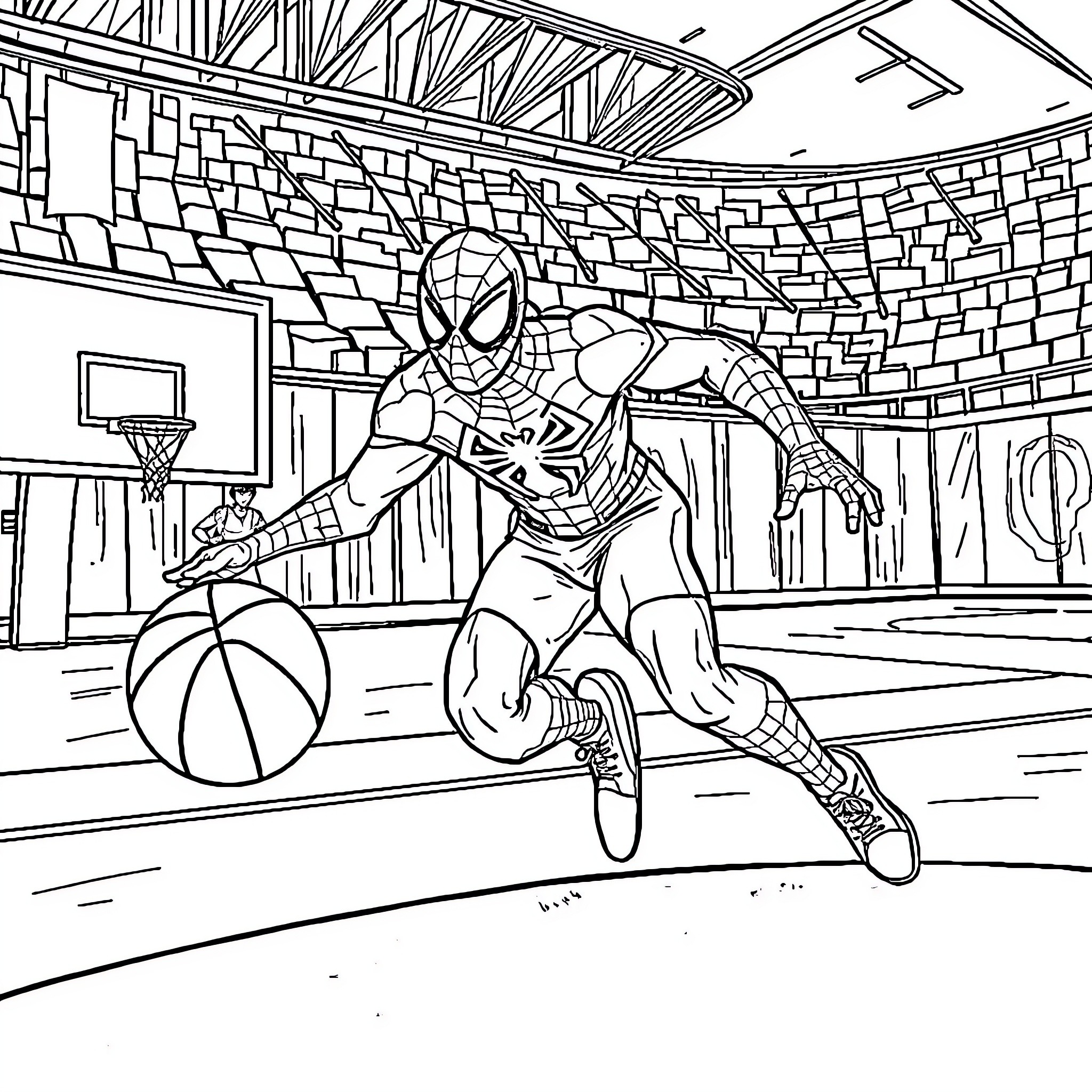 Spiderman playing basketball in a sports arena Coloring Page (free black-and-white line drawing printable PDF for all, from beginners to advanced learners, including children, teens, adults, and seniors)
