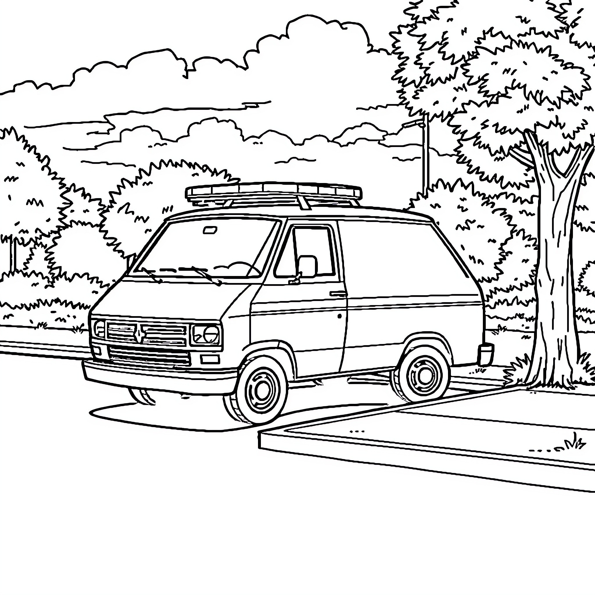 Van Parked in Wooded Outdoor Scene Coloring Page (free black-and-white line drawing printable PDF for all, from beginners to advanced learners, including children, teens, adults, and seniors)