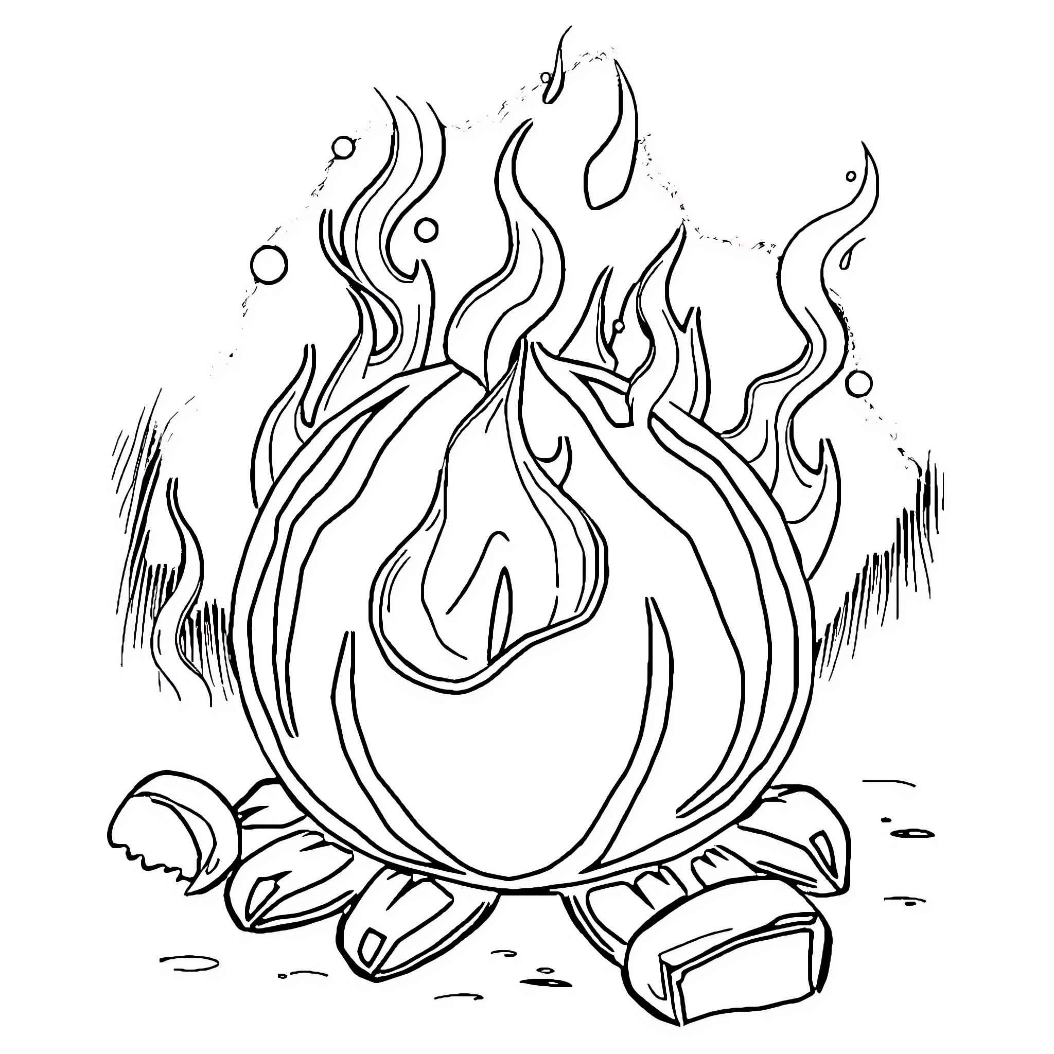 Fireball emerging from a campfire Coloring Page (free black-and-white line drawing printable PDF for all, from beginners to advanced learners, including children, teens, adults, and seniors)
