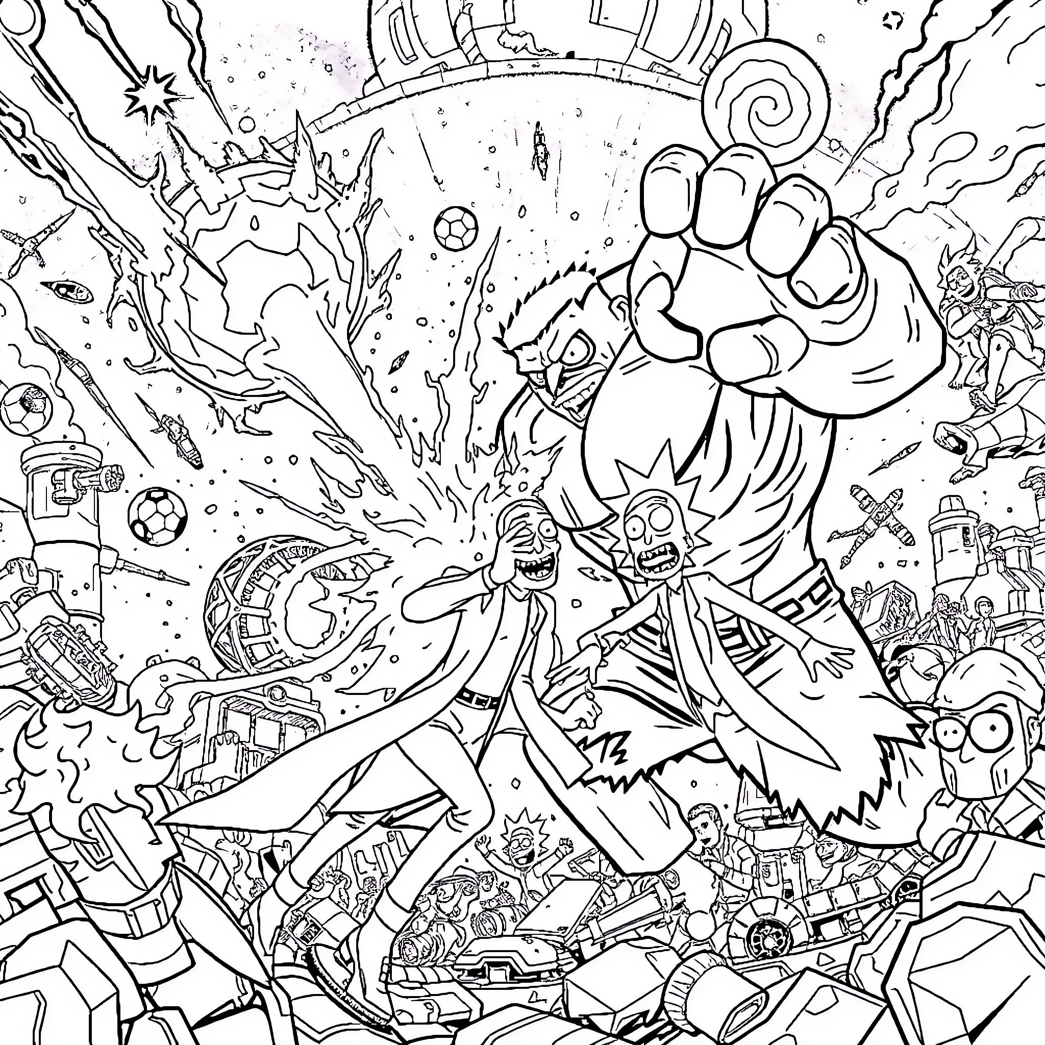 Hulk Battles Villains in Chaotic Sci-Fi Landscape Coloring Page (free black-and-white line drawing printable PDF for all, from beginners to advanced learners, including children, teens, adults, and seniors)