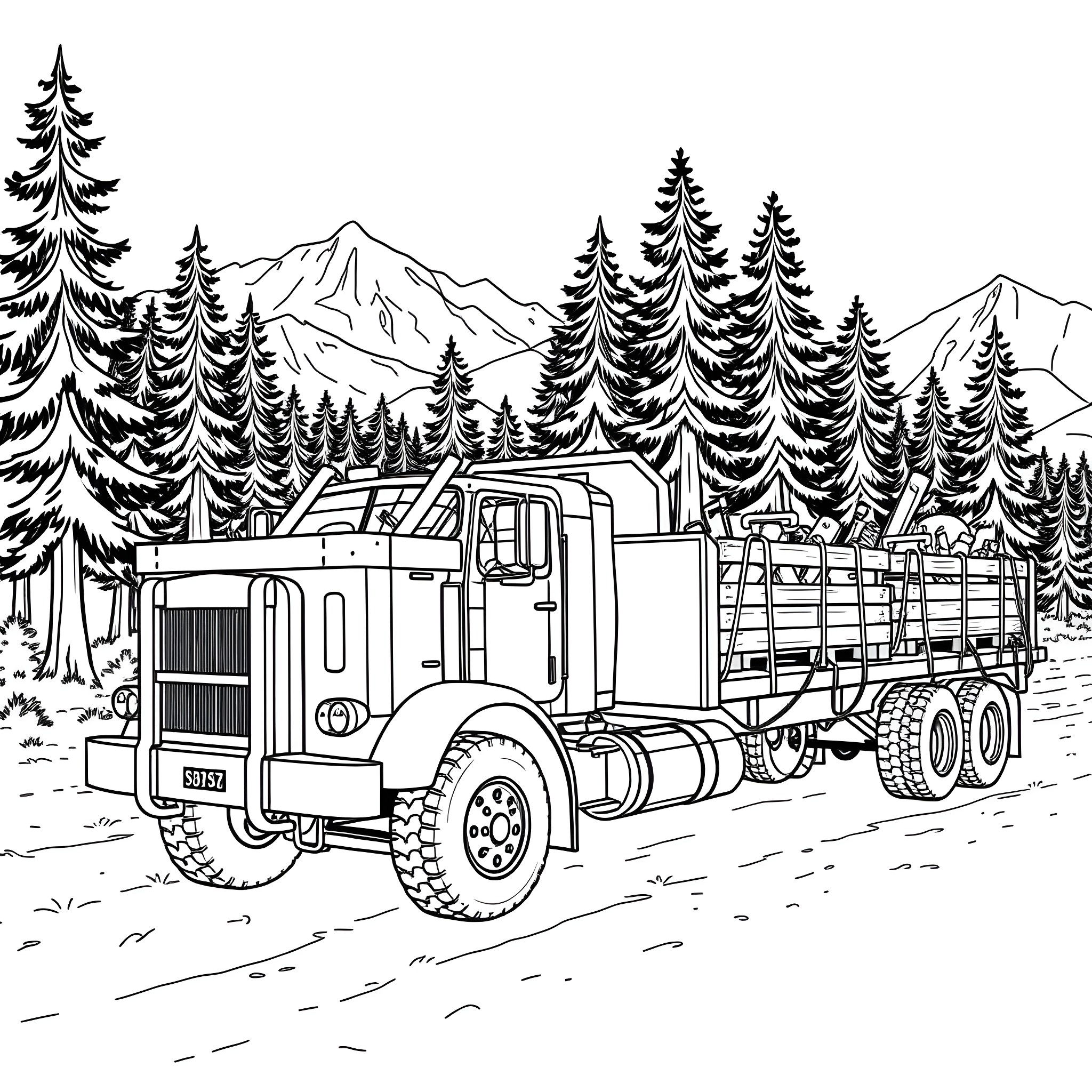 Truck transporting goods through the scenic forest landscape Coloring Page (free black-and-white line drawing printable PDF for all, from beginners to advanced learners, including children, teens, adults, and seniors)